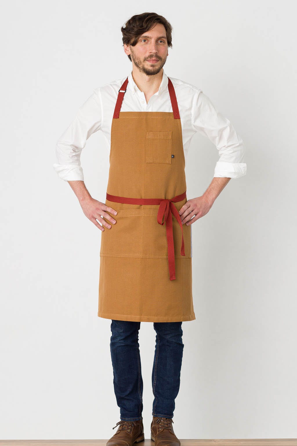 Classic Bib Apron, Cotton, Ochre Brown, Front View, Men, Women, Cooks, Pro Quality, Restaurant Favorites