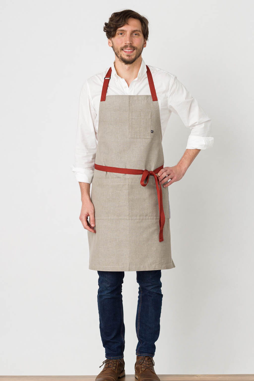 Classic Chef Apron, Cotton, Beige Beige Tan, Red Straps, Front View, Men, Women, Bulk Discounts, Quick Ship