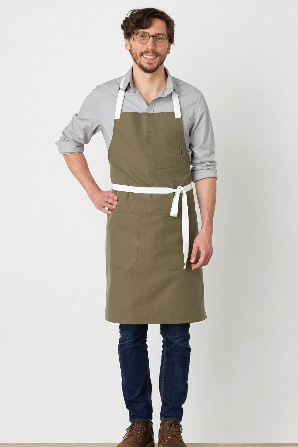 Classic Bib Apron, Wrinkle Resistant Fabric, Olive Green, Front View, Men, Women, Chef Favorite, Durable