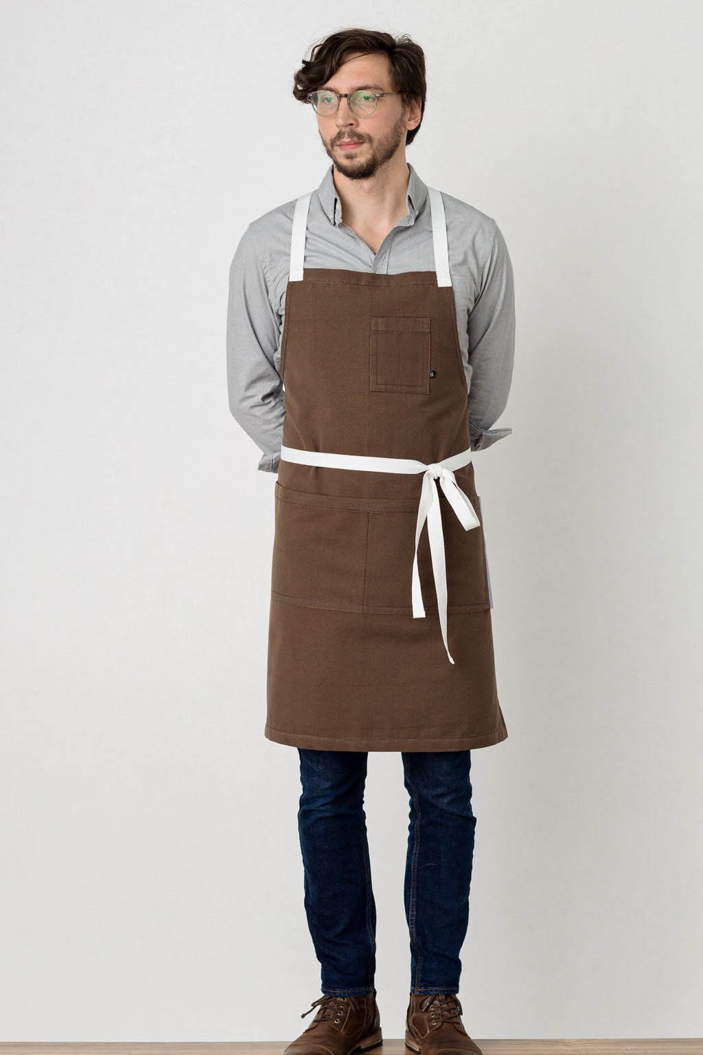 Crossback Bib Chef Apron, Cotton, Brown, White Straps, Front View, Men, Women, Pro, Quick Ship, Best Rated