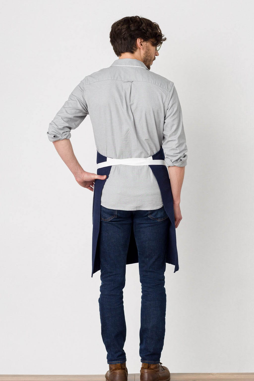 Classic Chef Apron, Cotton, Navy Blue, White Straps, Rear View, Volume Discounts, 5-Star Reviews