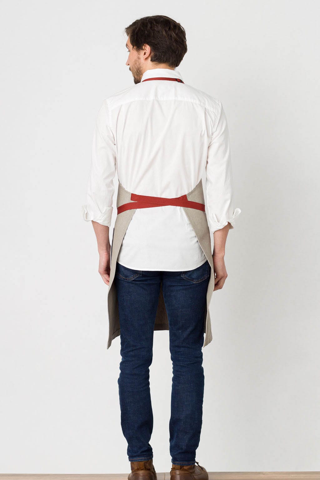 Classic Chef Apron, Cotton, Tan, Red Straps, Rear View, Customer Favorite, Quick Ship, Wholesale Pricing