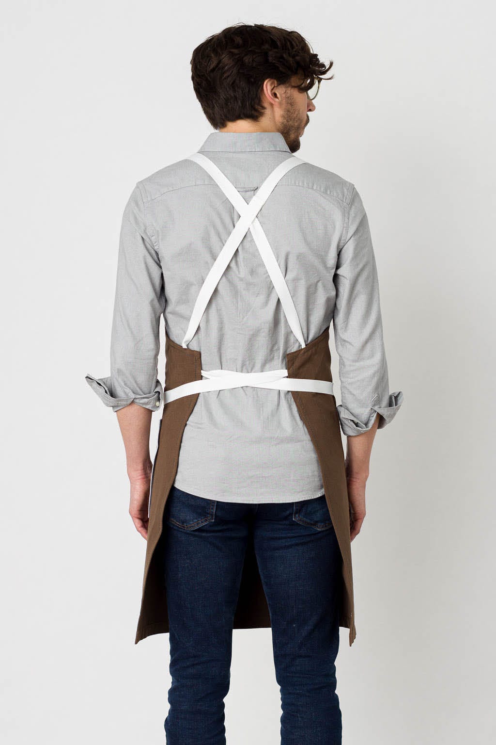Crossback Chef Apron, Cotton, Brown, White Straps, Rear View, Industry Pricing, Quick Ship, Durable