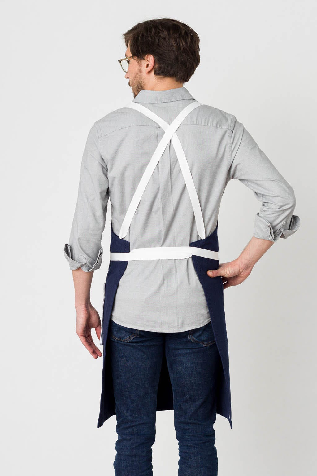 Crossback Chef Apron, Cotton, Navy Blue, Comfortable White Straps, Rear View, Pro, Wholesale, Top Rated