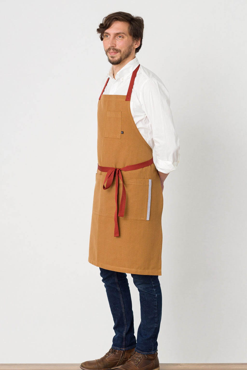 Classic Bib Apron, Cotton, Ochre Brown, Side View, Pro, Best Reviews by Customers, Restaurant Favorites