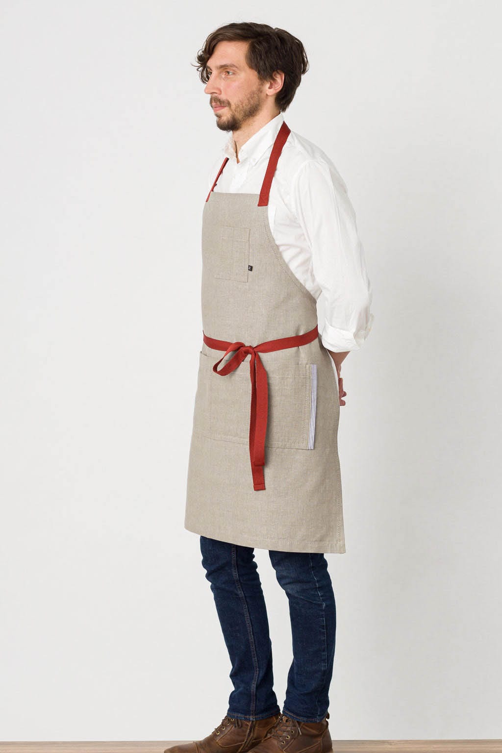 Classic Bib Apron, Cotton Canvas, Beige Tan, Red Straps, Side View, Wholesale Prices, Men, Women, Cooks