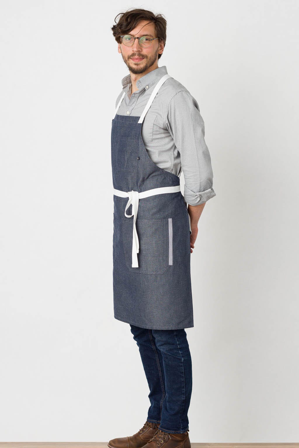 Crossback Chef Bib Apron, Wrinkle Resistant, Blue Denim, Side View, Wholesale, Hospitality Supplier
