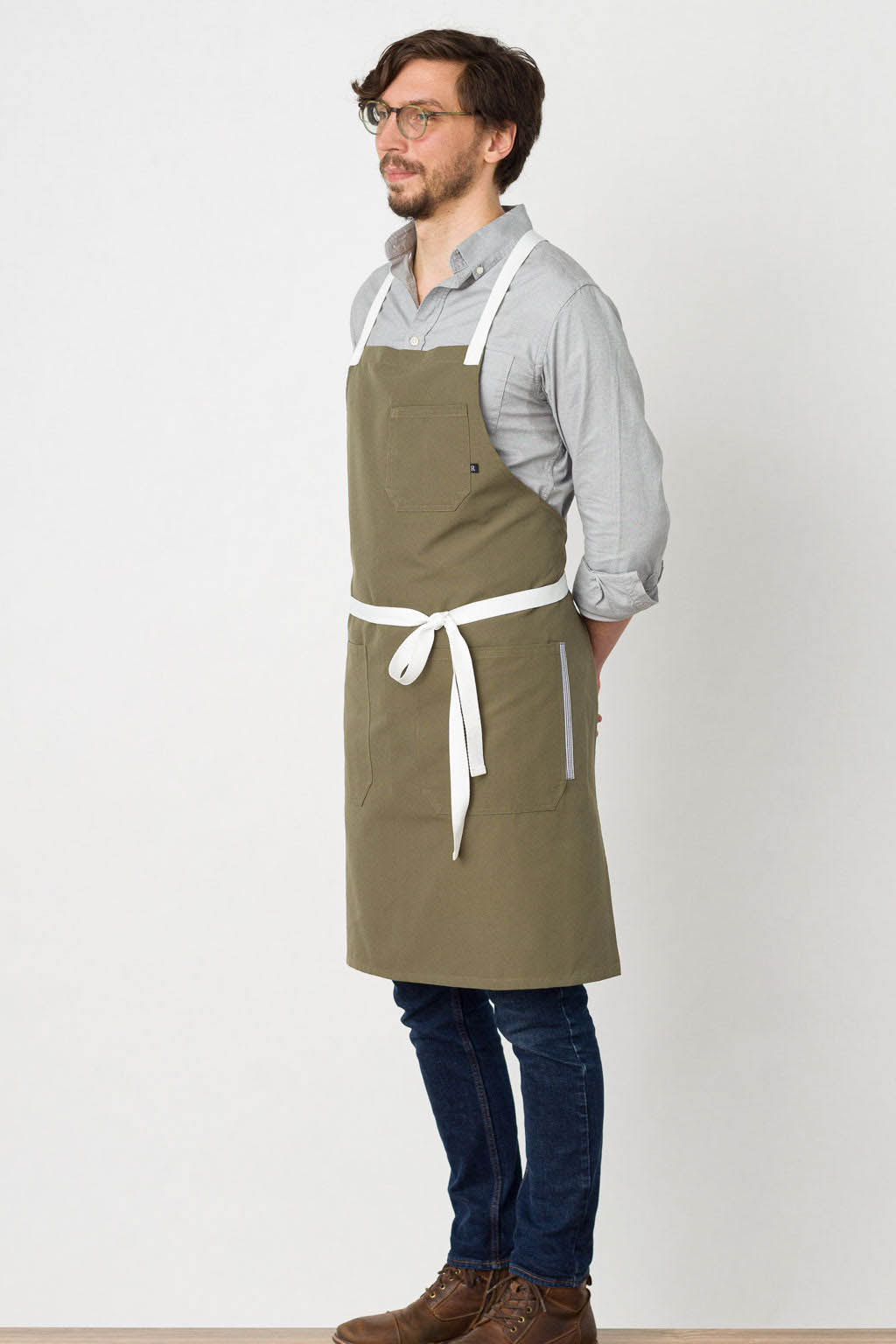 Classic Bib Apron, Easy Care Fabric, Olive Green, Side View, Industry Pricing, Quick Ship, Wholesale