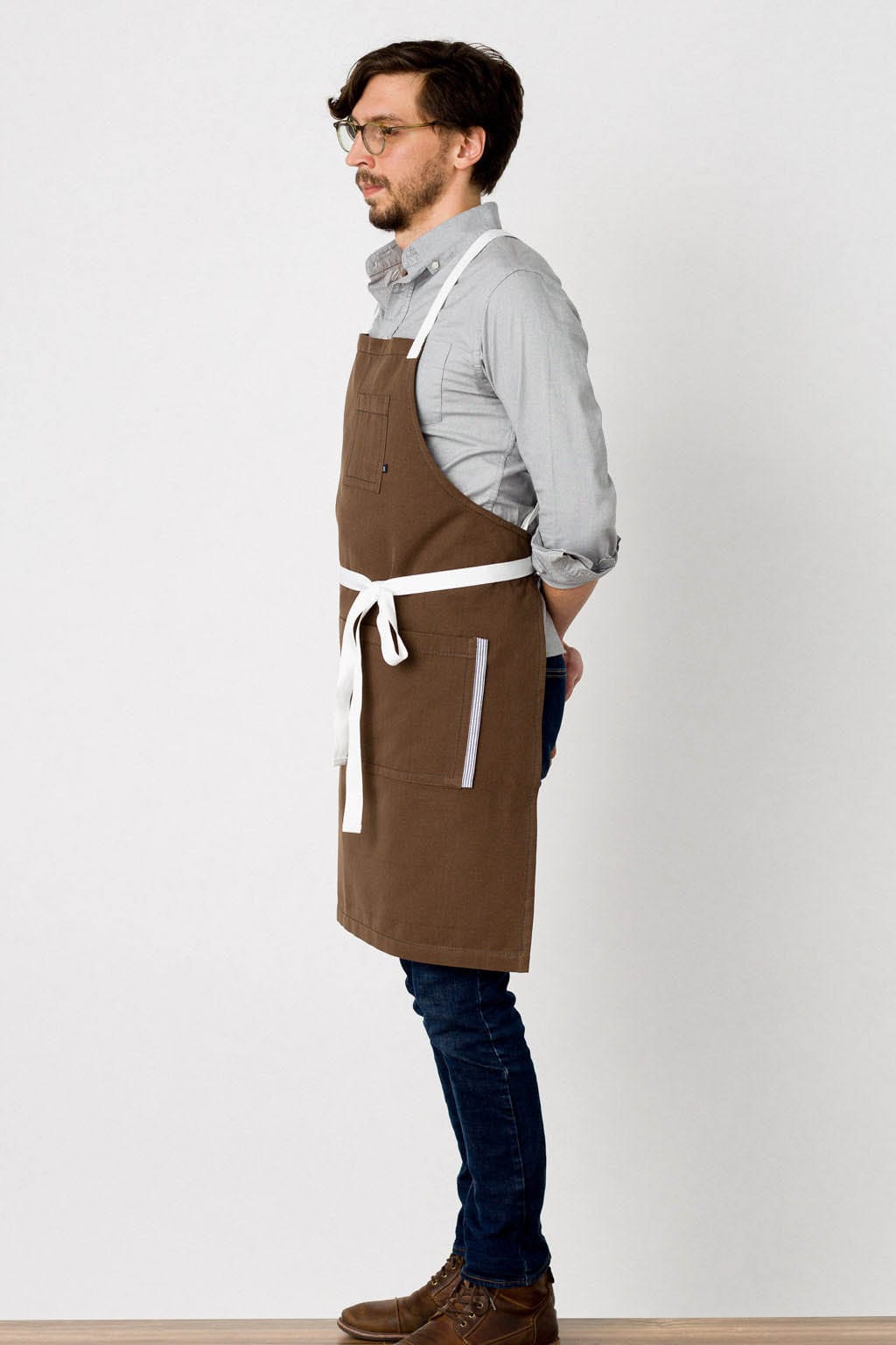 Crossback Chef Apron, Cotton, Brown, White Straps, Side View, Worn by Top Chefs, Quick Ship, Affordable