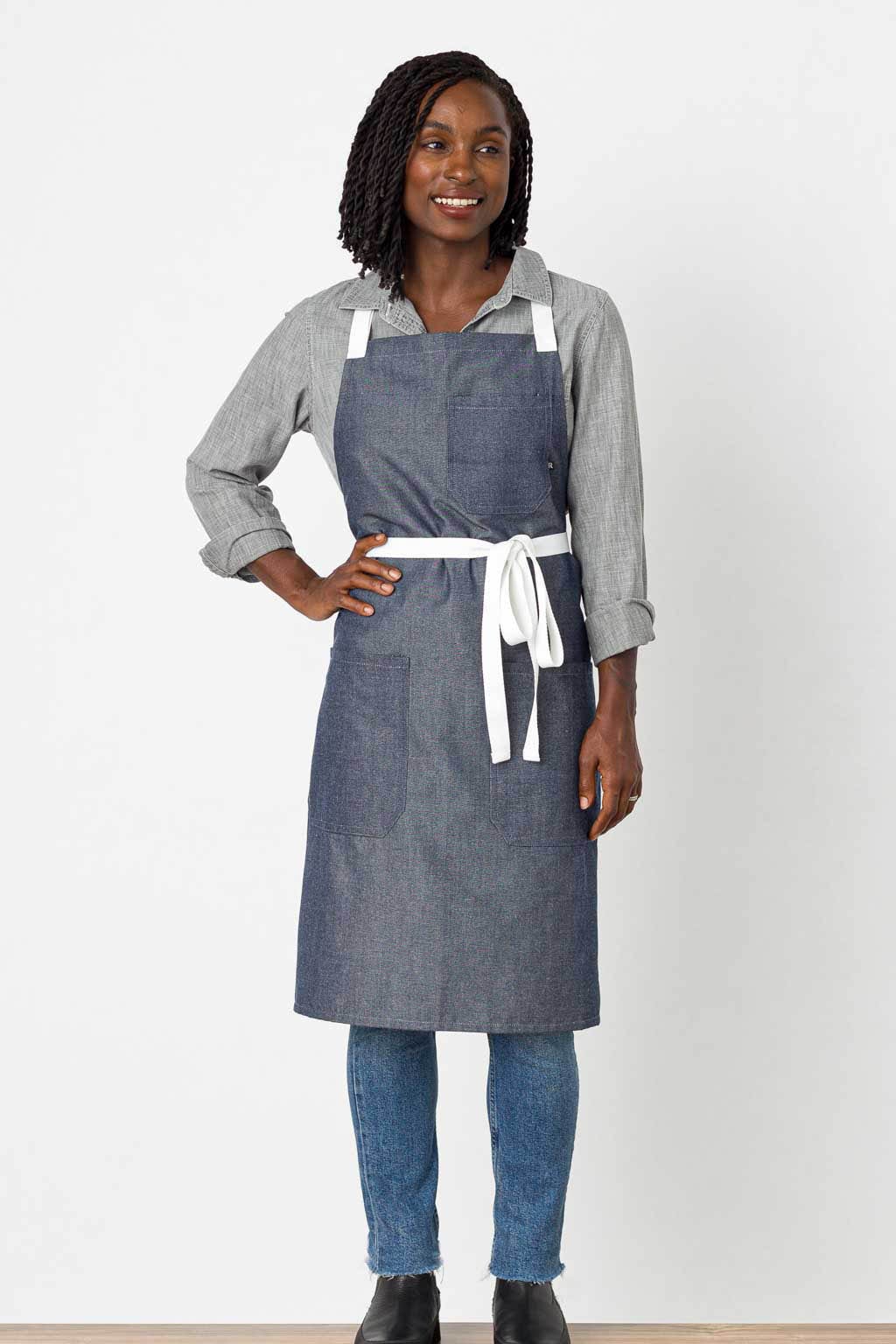 Classic Chef Apron, Easy Care Fabric, Blue Denim, Front View, Men, Women, Cooks, Affordable, Lightweight