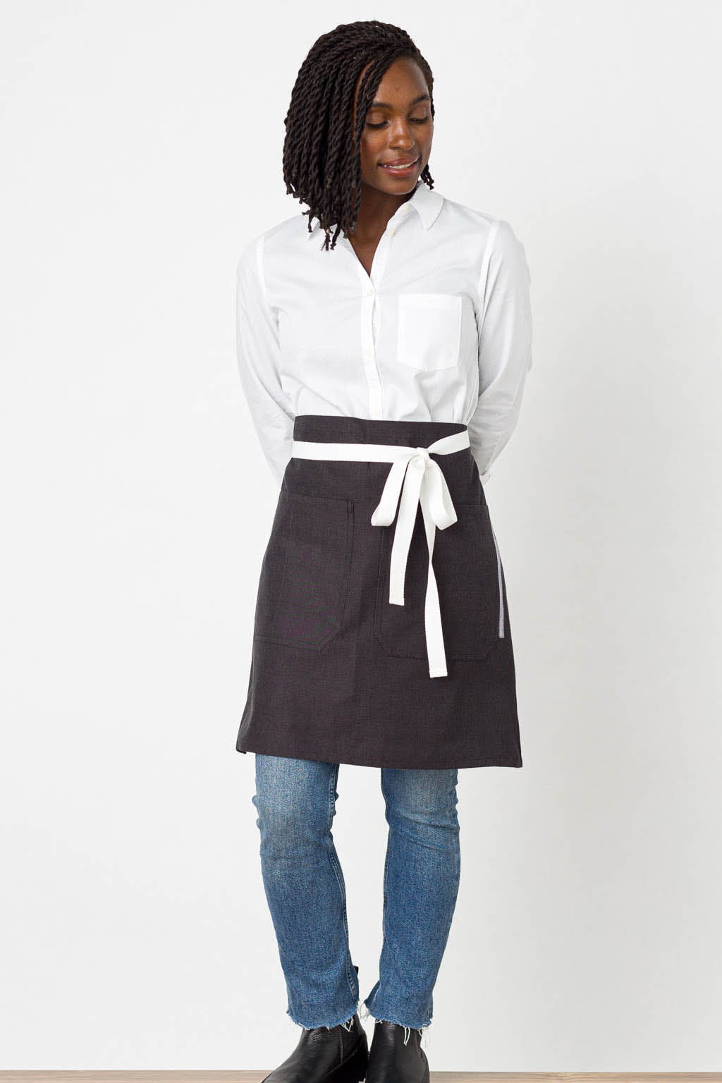Bistro Server Waist Apron, Wrinkle Resistant, Black, Front View, Men, Women, Modern Design