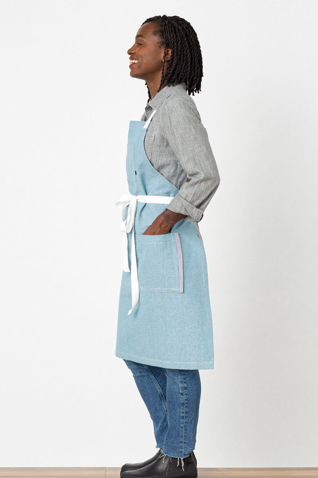 Classic Bib Apron, Cotton, Powder Blue, Side View, Pro, Wholesale, Restaurant Favorites