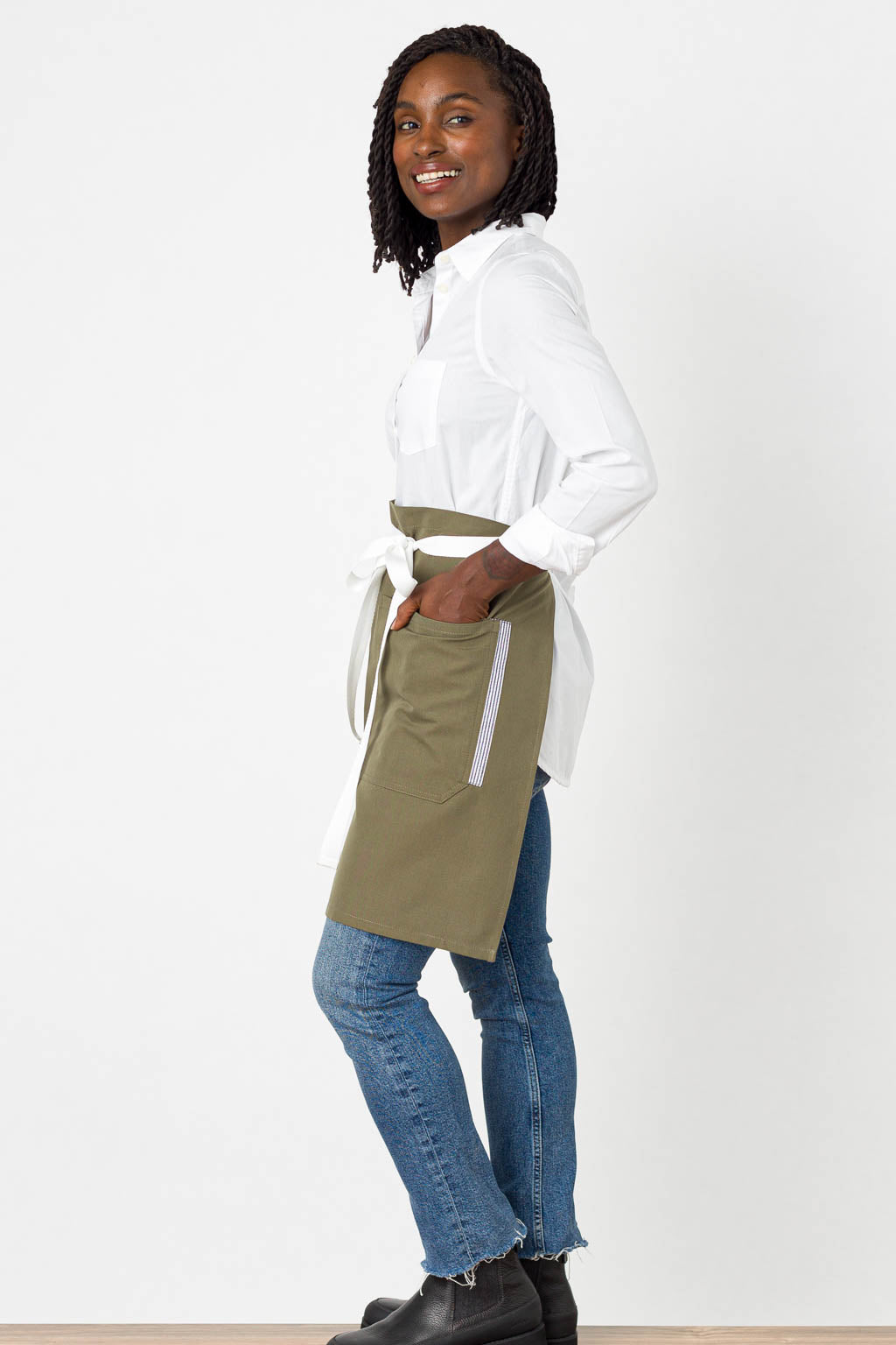 Bistro Server Half Apron, Wrinkle Resistant, Olive Green, Side View, Wholesale Prices