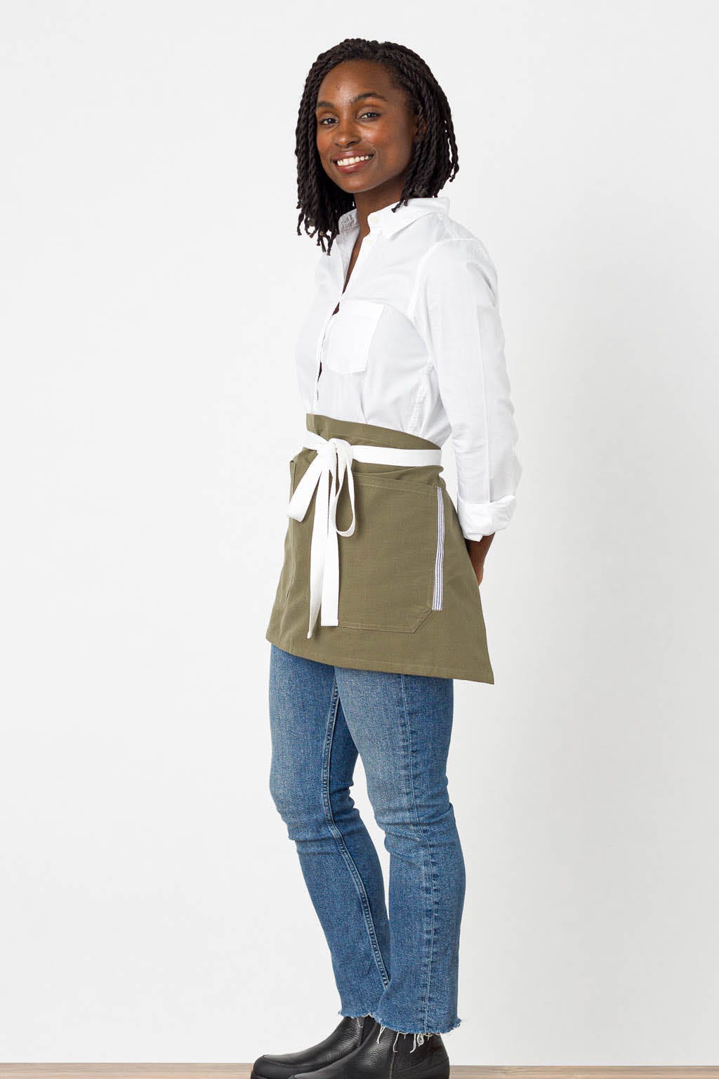 Server Half Apron, Wrinkle Resistant, Olive Green, Side View, Premium Quality, Affordable