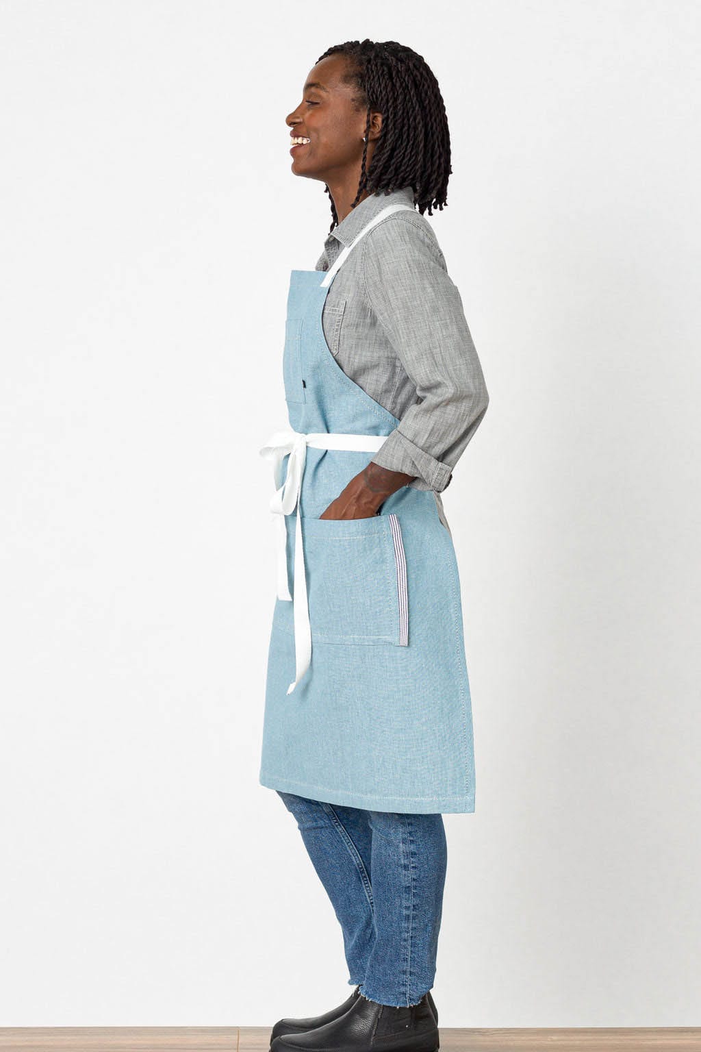 Crossback Chef Apron, Powder Blue, White Straps, Side View, Volume Discounts, Quick Ship, Best Reviews