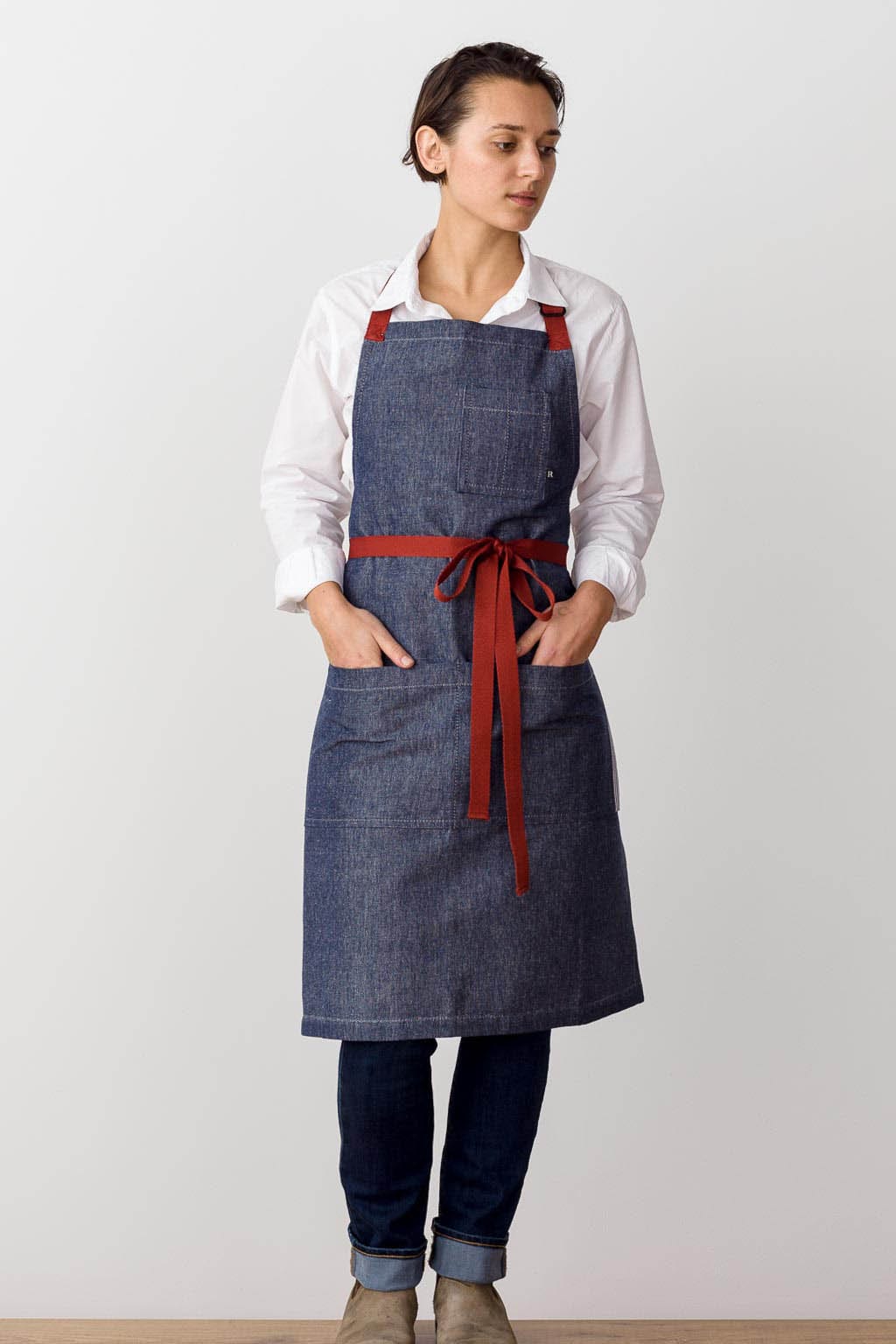 Classic Bib Apron, Cotton, Blue Denim, Red Straps, Front View, Men, Women, Best Rated, 5-Star Reviews