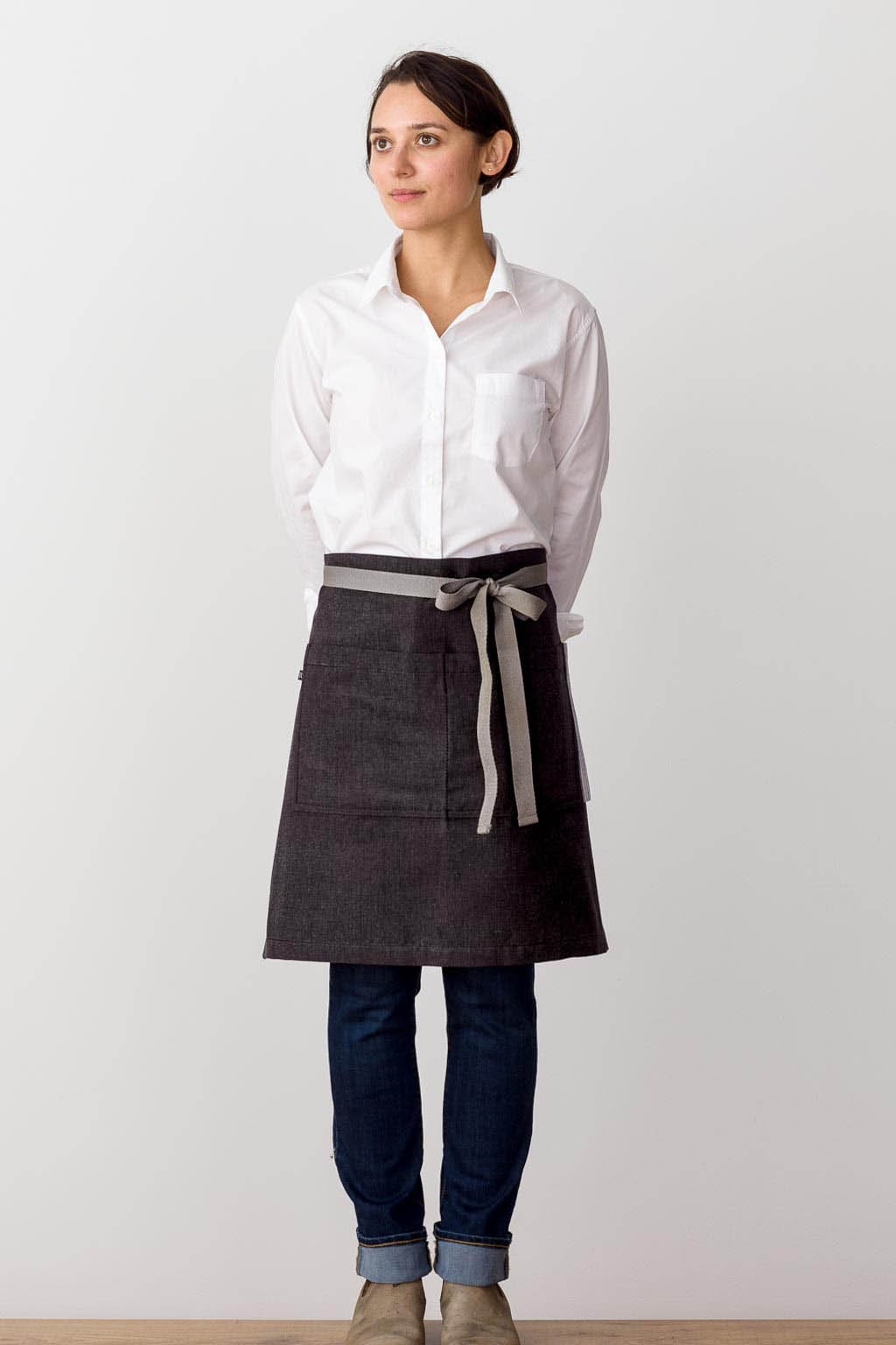 Bistro Server Waist Apron, Longer Style, Canvas, Black, Front View, Pockets, Men and Women