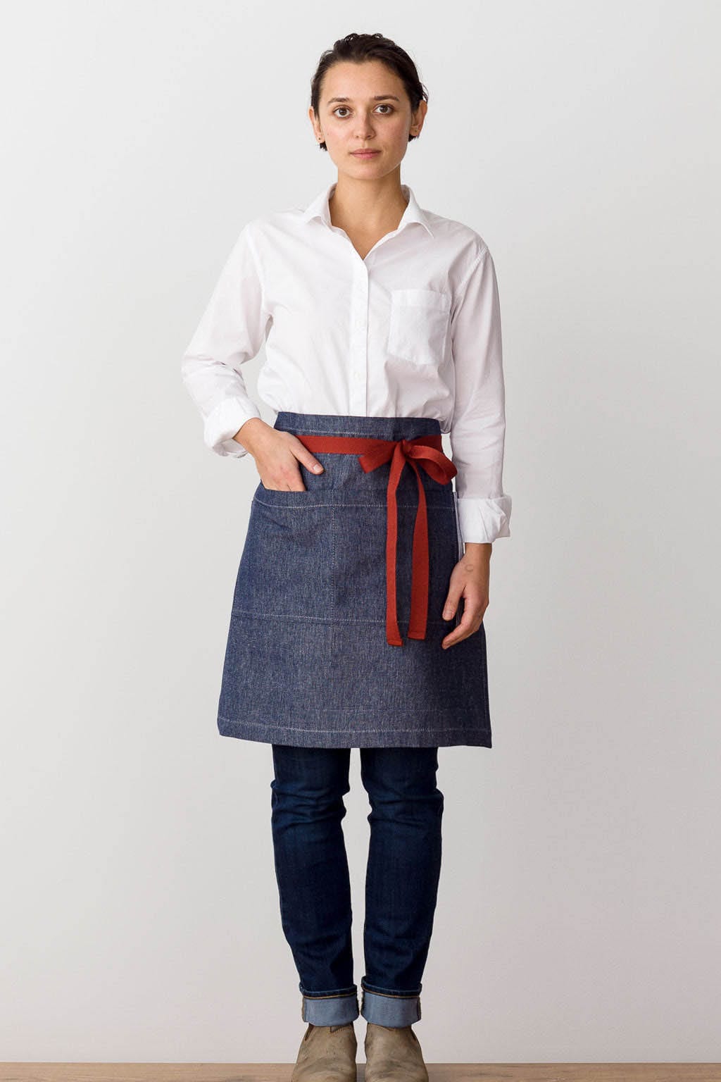 Server Half Apron, Cotton, Blue Jean Denim, Red Straps, Front View, Men, Women, Cafe Style