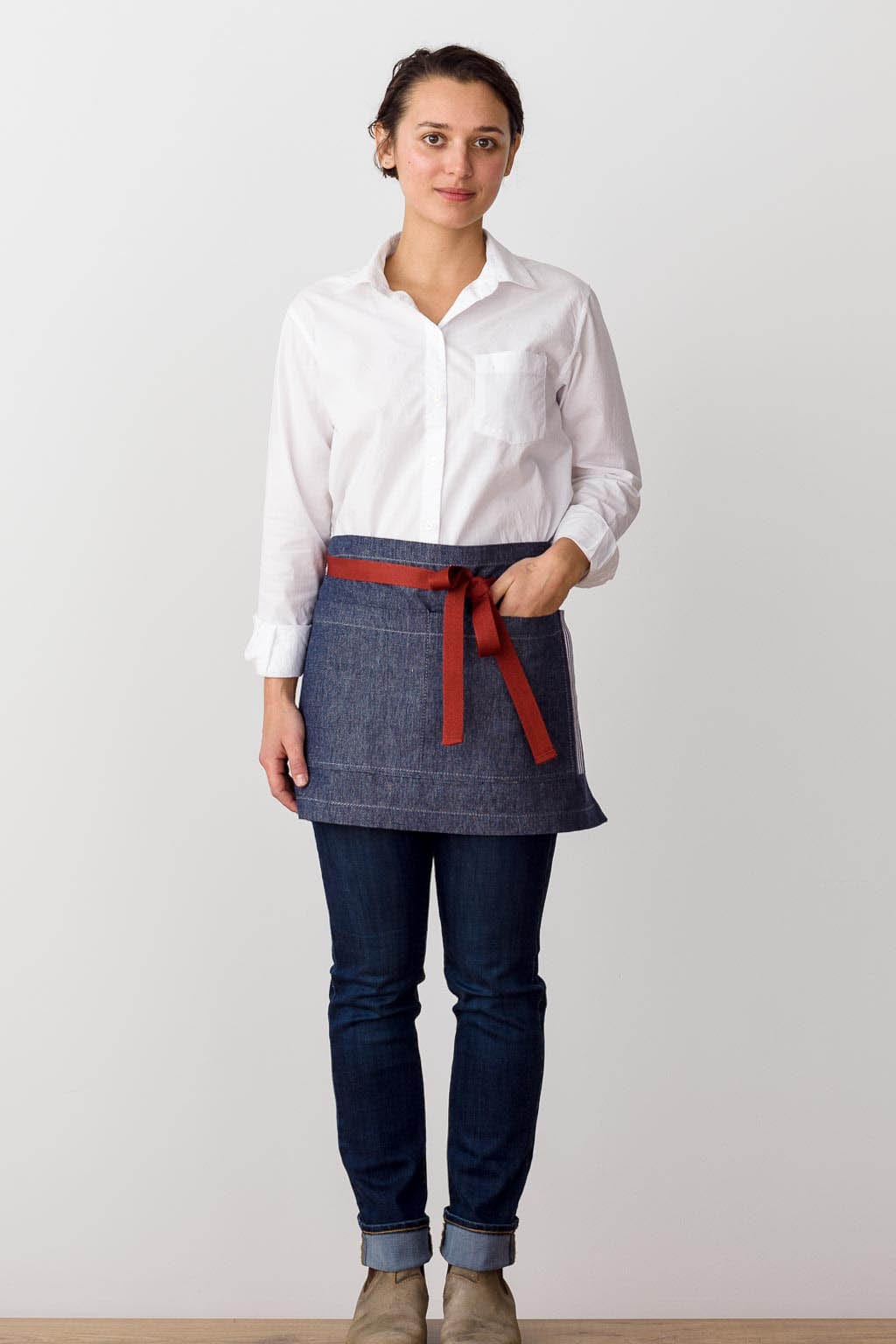 Bistro French Server Half Apron, Cotton, Blue Jean Denim, Red Straps, Front, Men & Women