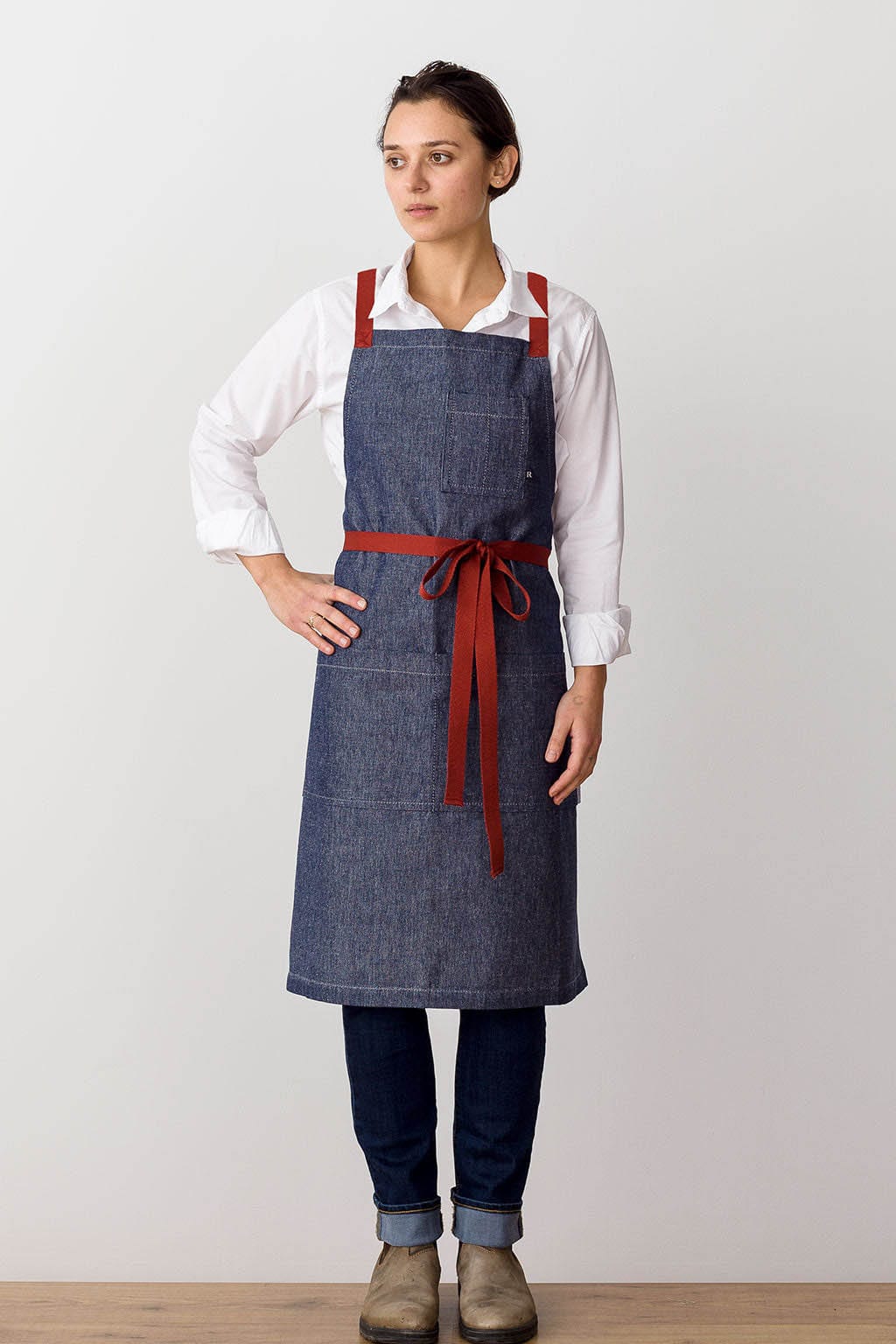 Crossback Bib Chef Apron, Cotton, Blue Denim, Red Straps, Front View, Men, Women, Pro, Industry Pricing