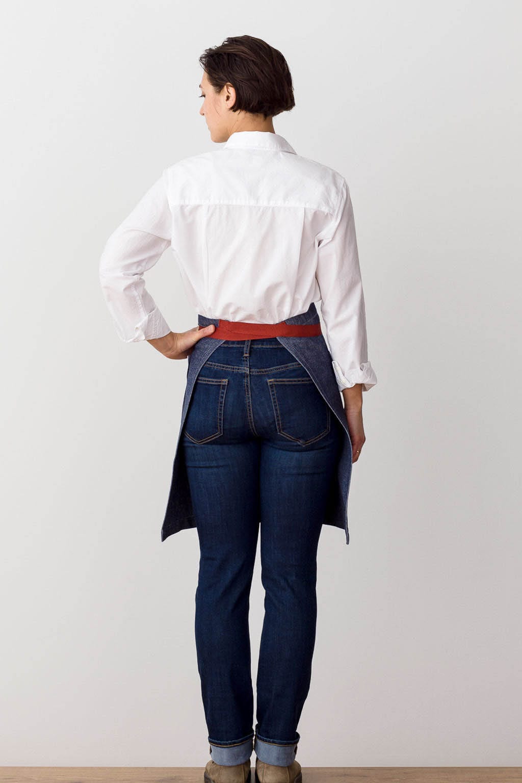 French Bistro Server Waist Apron, Cotton, Blue Jean Denim, Red Straps, Rear View, Quality