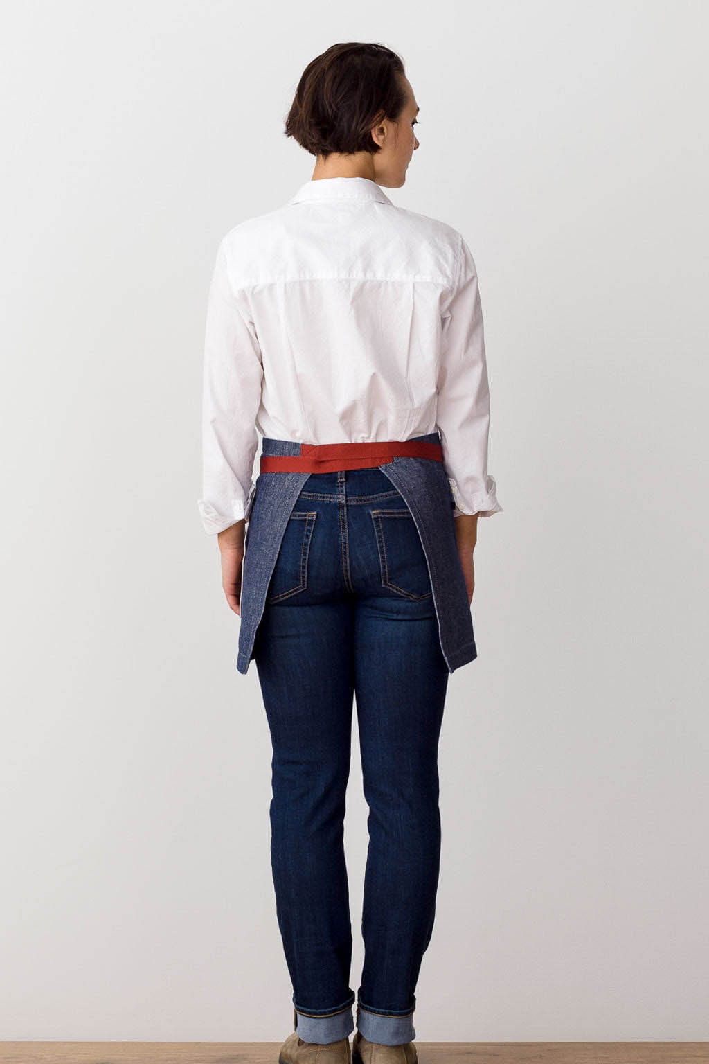 Server Waist Apron, Cotton, Blue Jean Denim, Red Straps, Rear View, Top Quality, 5-Stars