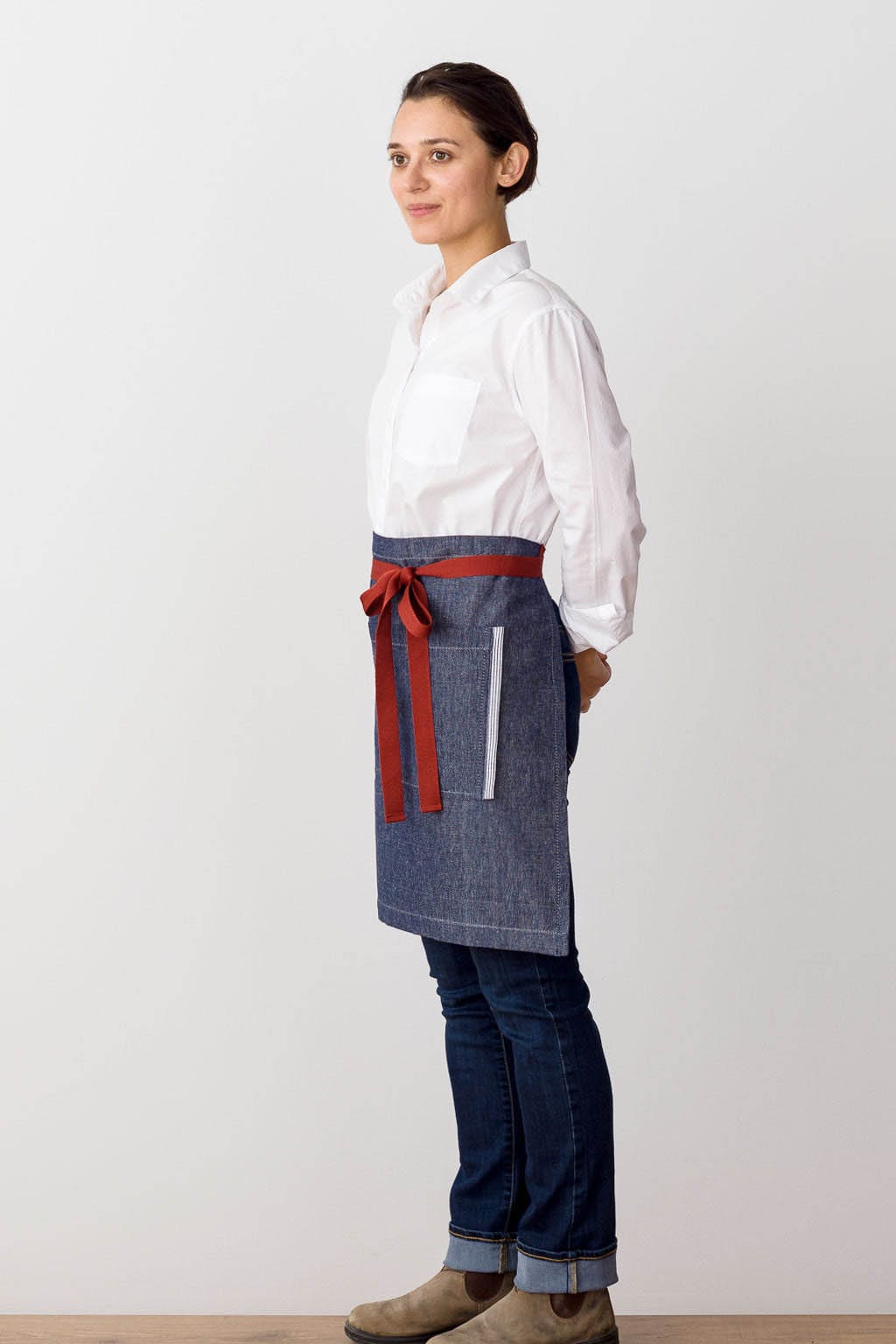 Server Bistro Waist Apron, Cotton, Blue Jean Denim, Red Straps, Side View, Paris Style