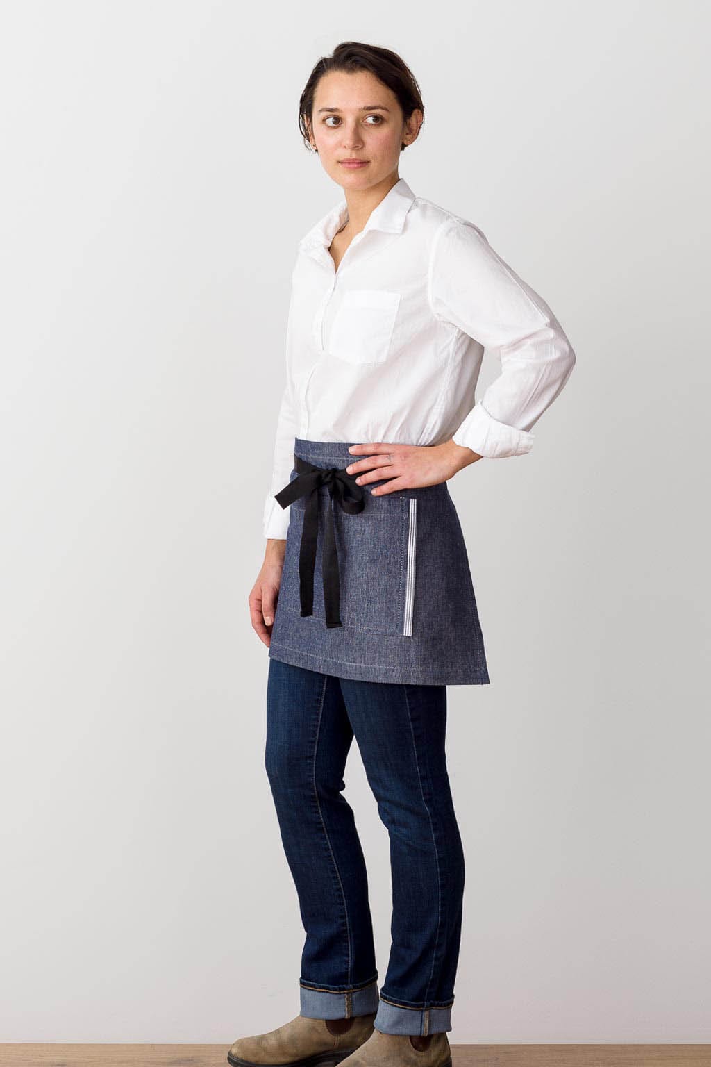 Bistro Server Waist Apron, Cotton, Blue Jean Denim, Side View, Discounts, Short Size