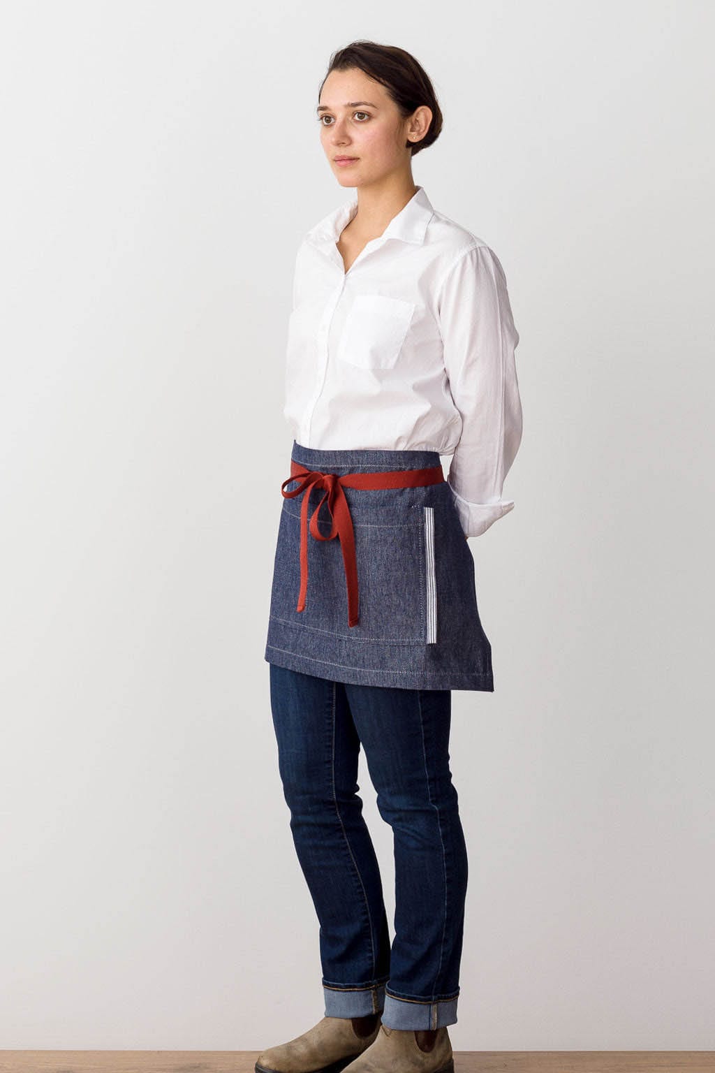 French Server Waist Apron, Cotton, Blue Jean Denim, Red Straps, Side, Industry Pricing