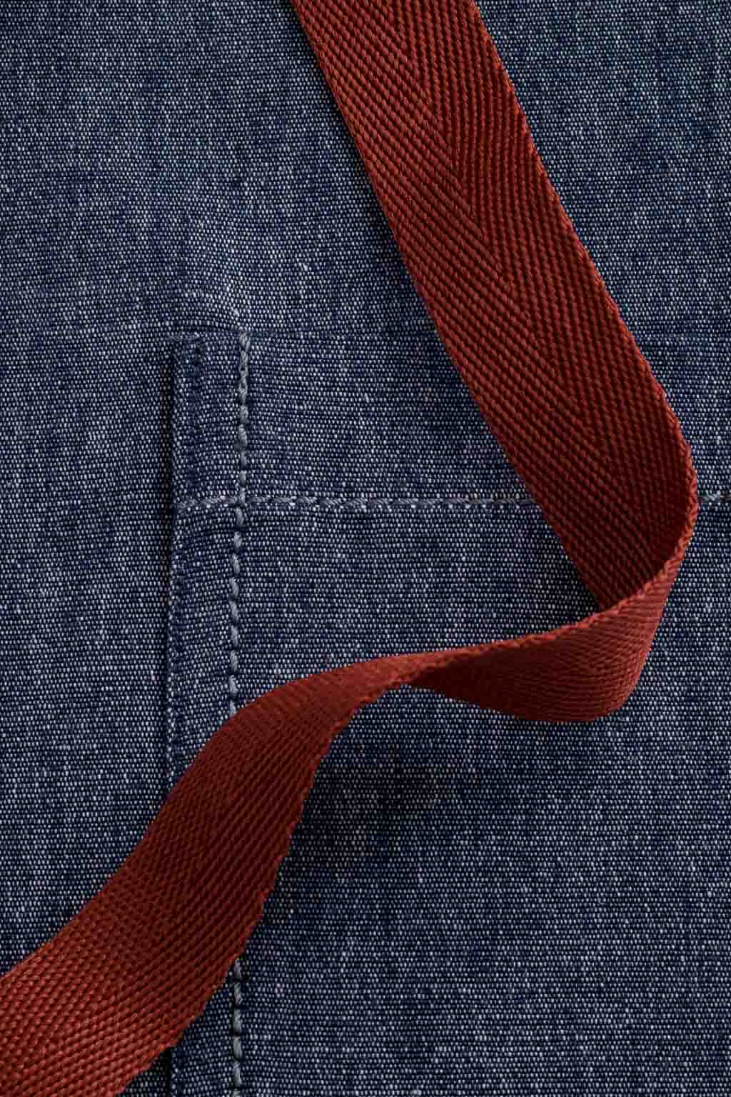 Classic Chef Apron, Cotton, Blue Denim, Red Straps, Detail, Pro, Fast Shipping, Affordable