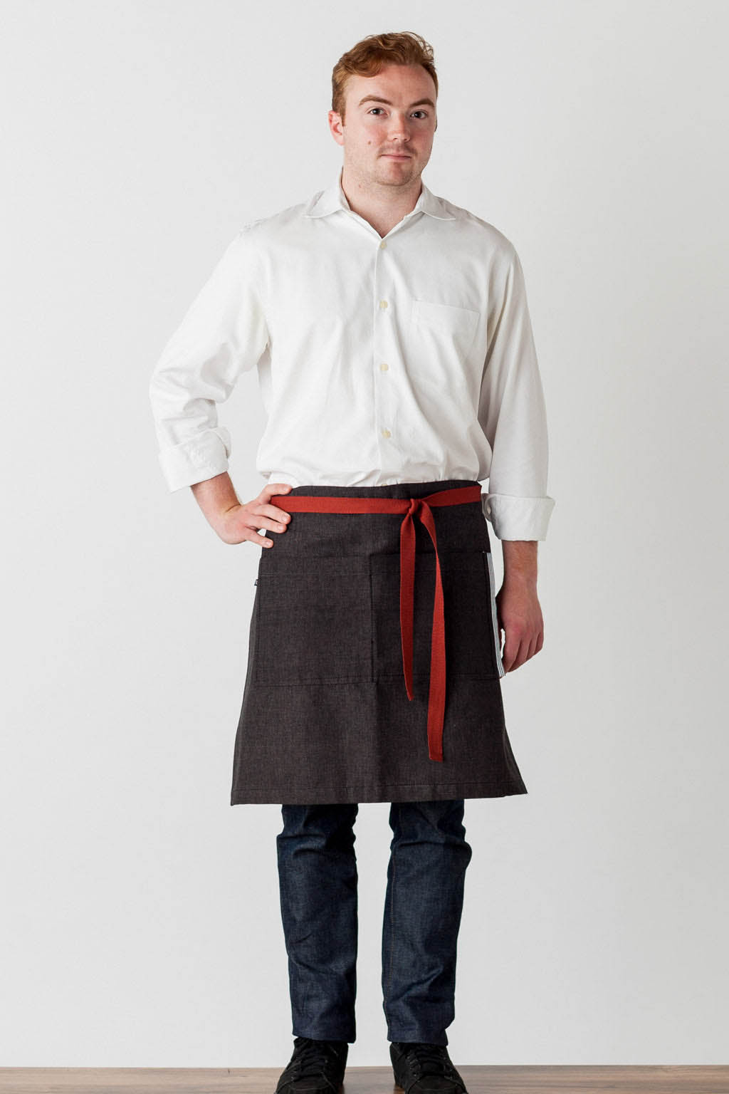 Server Waist Apron, Cotton, Black, Red Straps, Front View, Men, Women, Stylish, Bulk Pricing