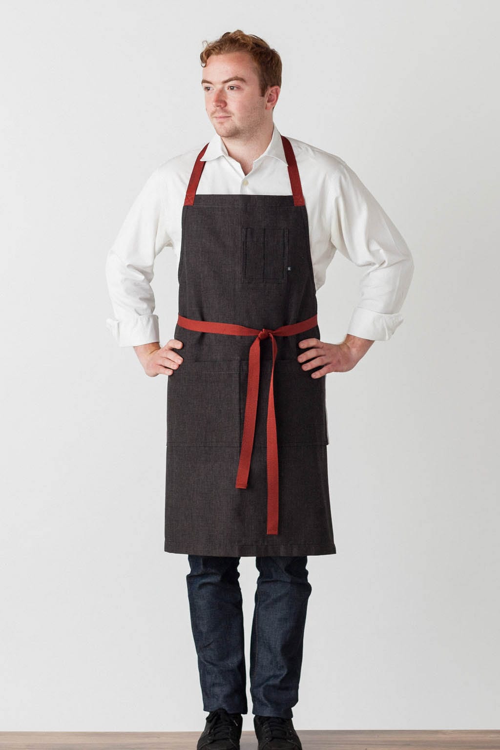 Crossback Chef Apron, Cotton, Black, Red Straps, Front View, Men, Women, Cooks, 5-Star Reviews, Pro Quality