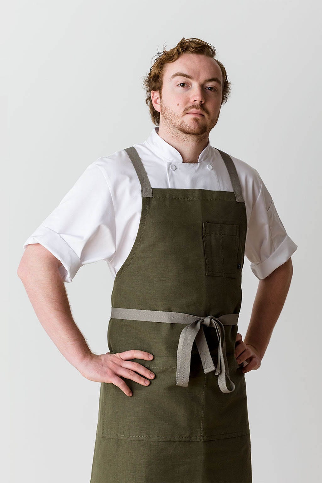 Crossback Bib Chef Apron, Cotton Canvas, Olive Green, Front View, Men, Women, Best Comfort, Roomy Pockets