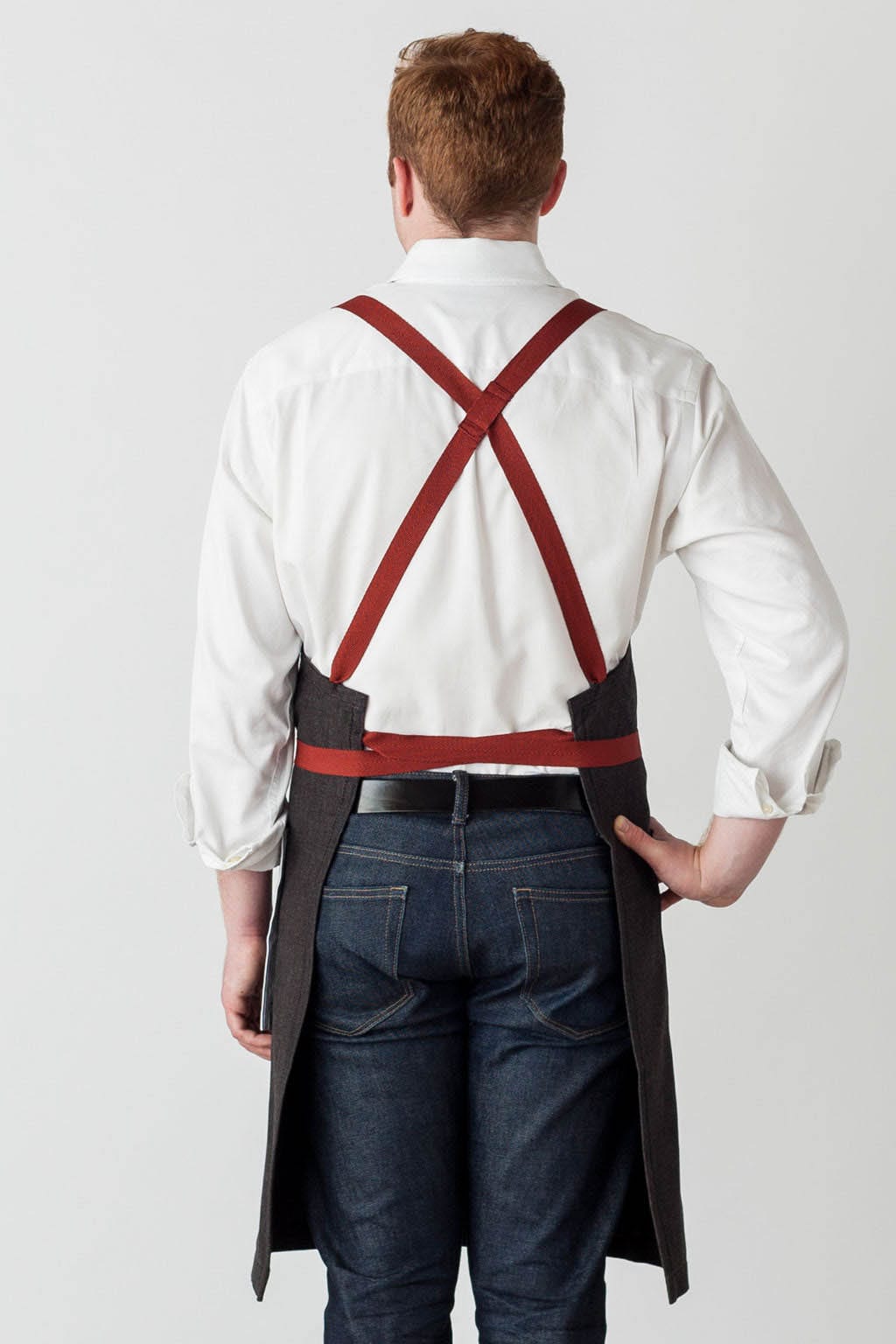 Crossback Chef Apron, Cotton, Black, Red Straps, Rear View, Worn by Top Chefs, Wholesale, Best Reviews