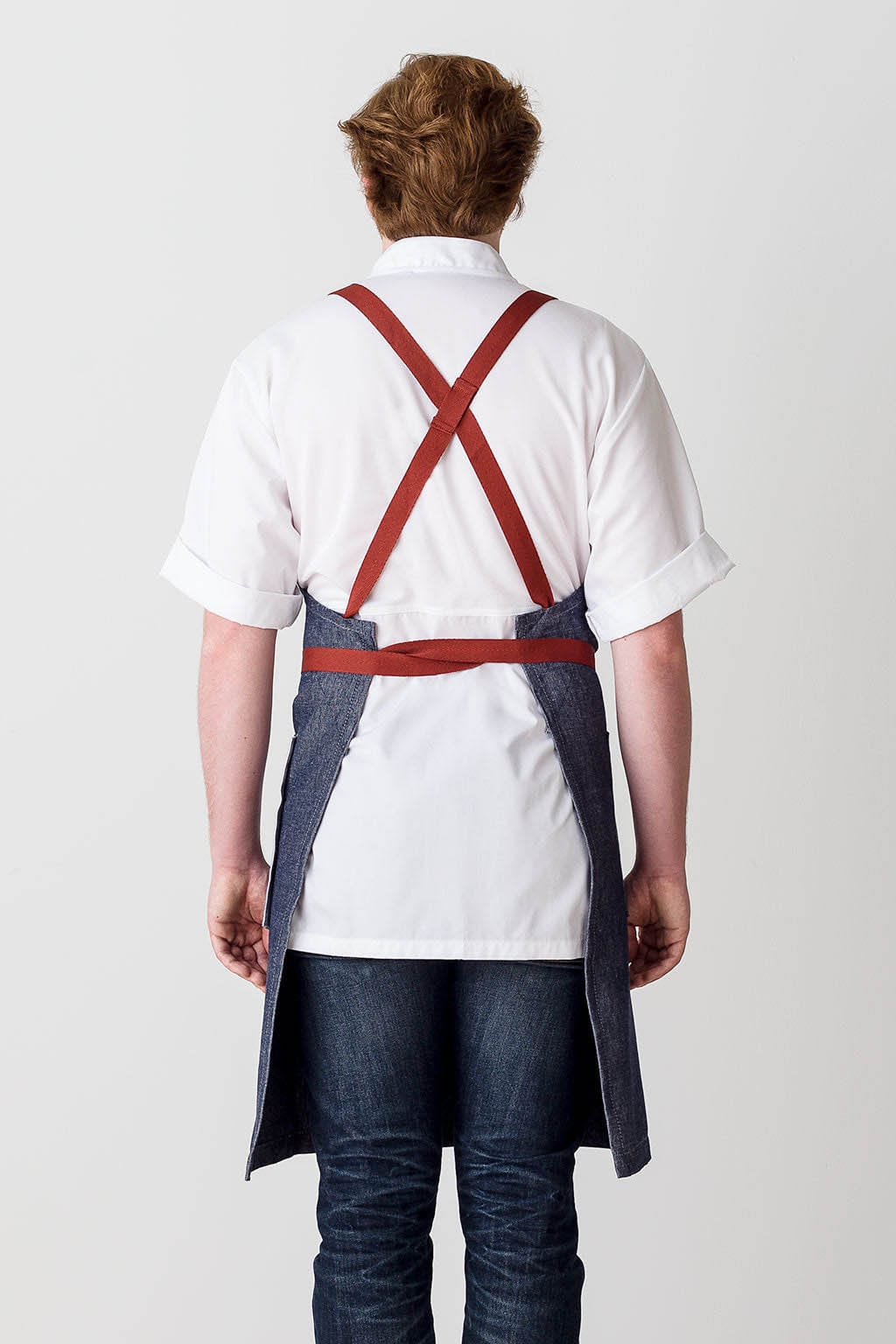 Comfortable Crossback Chef Apron, Cotton, Blue Denim, Red Straps, Rear View, 5-Star Reviews