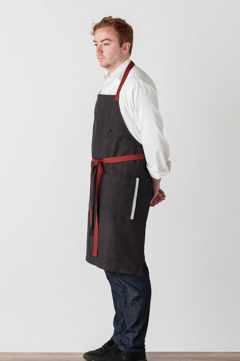 Classic Bib Apron, Cotton, Black, Red Straps, Side View, Customer Favorite, Quick Ship, Industry Pricing