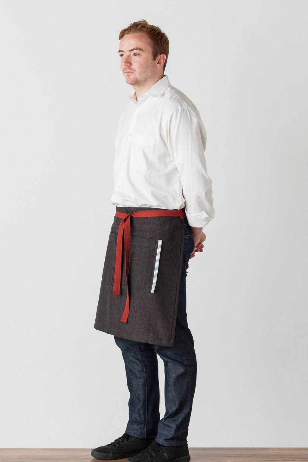 Server Waist Apron, Cotton, Black, Red Straps, Side View, Worn by Top Chefs, Premium Fabrics