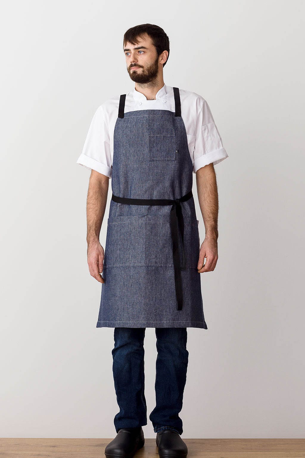 Comfy Crossback Bib Chef Apron, Cotton, Blue Denim, Front View, Men, Women, Pro, Premium Fabrics