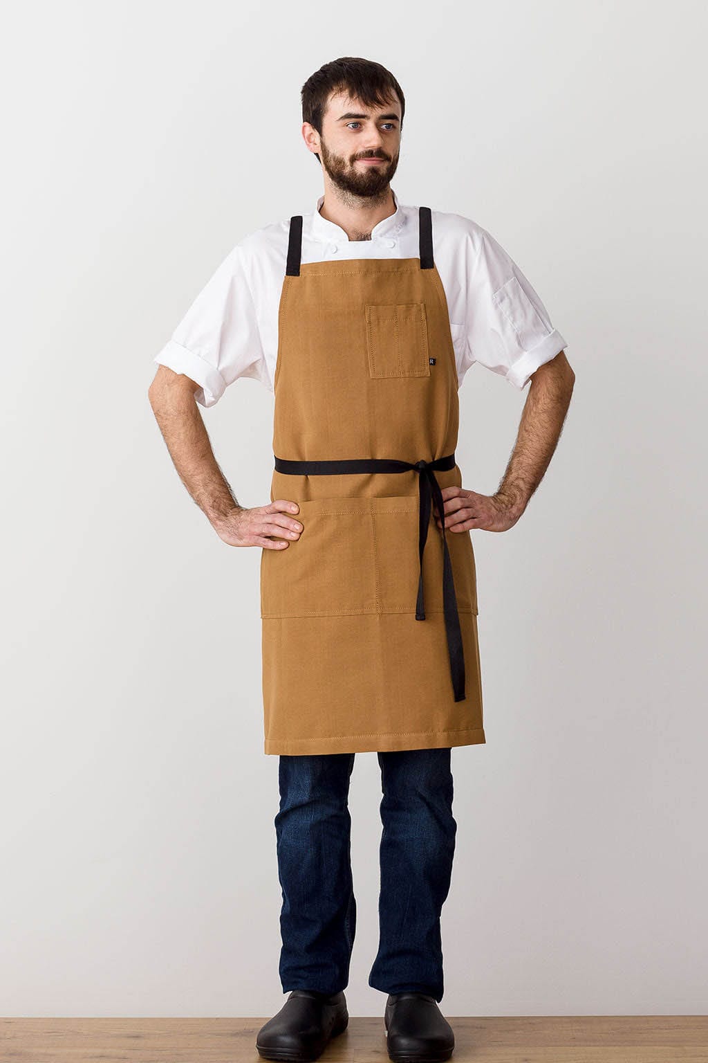 Crossback Bib Chef Apron, Cotton, Brown, Front View, Men, Women, Cooks, Quick Ship, Premium Fabrics