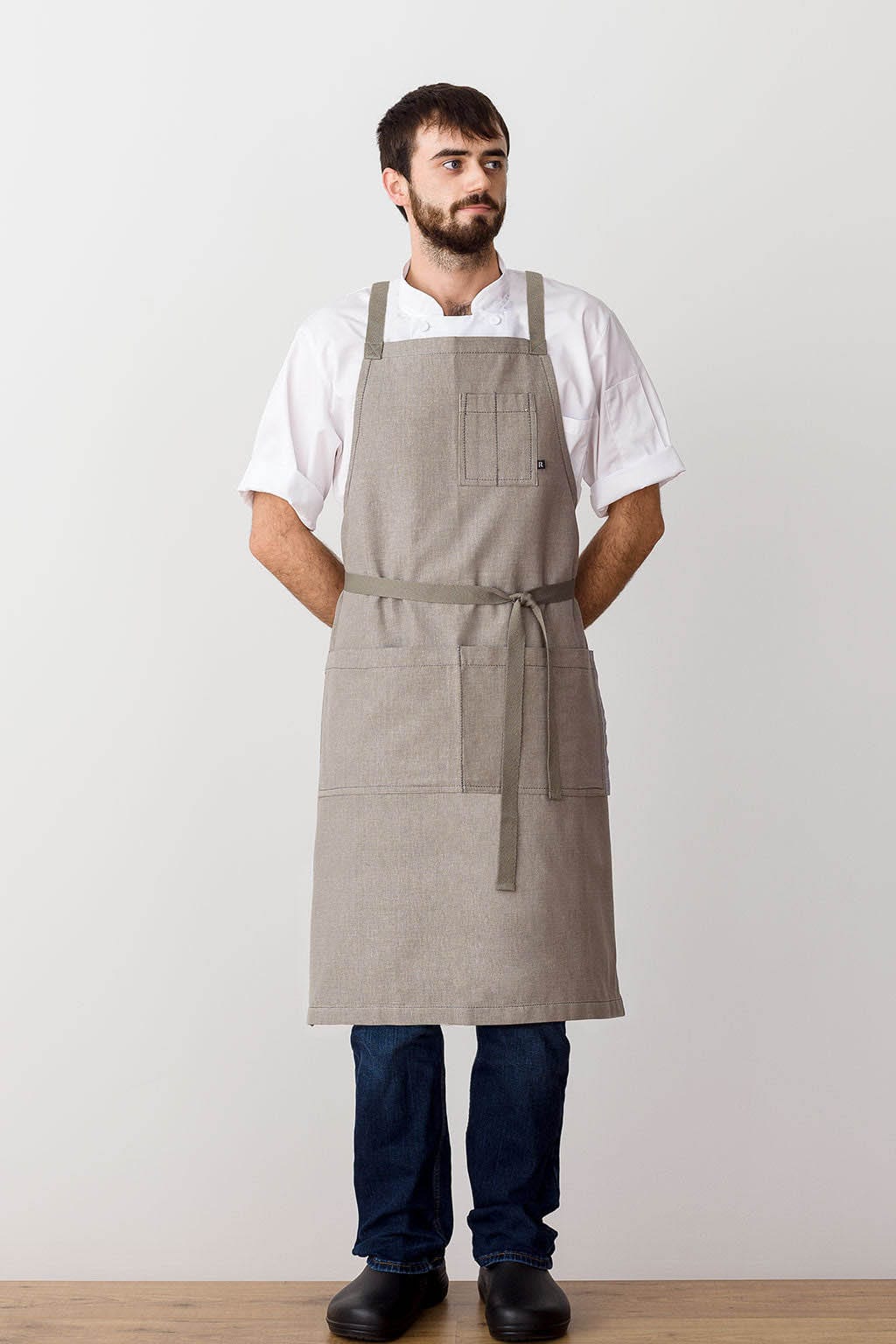 Crossback Bib Chef Apron, Cotton, Tan, Front View, Men, Women, Cooks, Premium Quality, Bulk Pricing