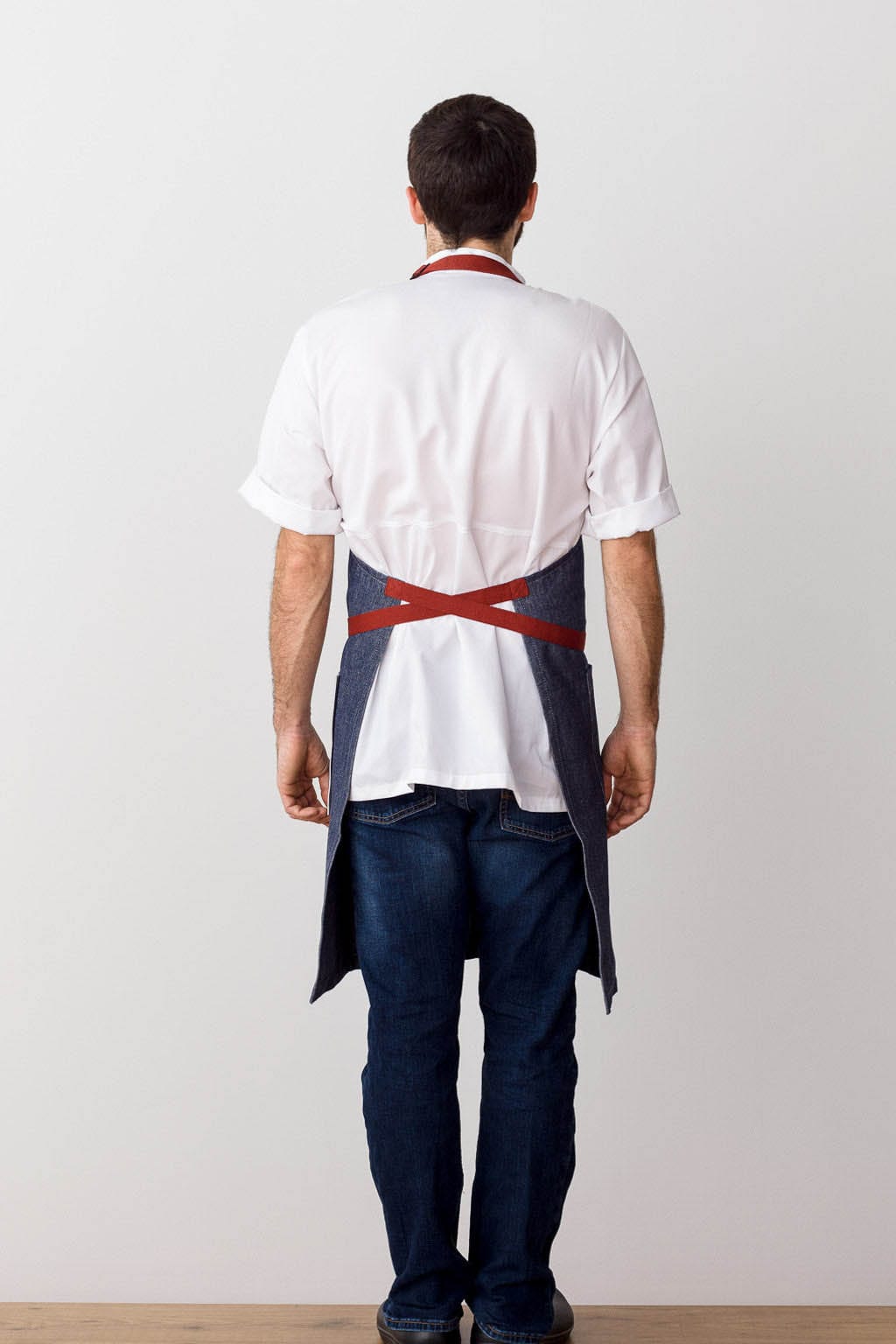 Classic Chef Apron, Cotton, Blue Denim, Red Straps, Rear View, Industry Pricing, Best Reviews by Customers