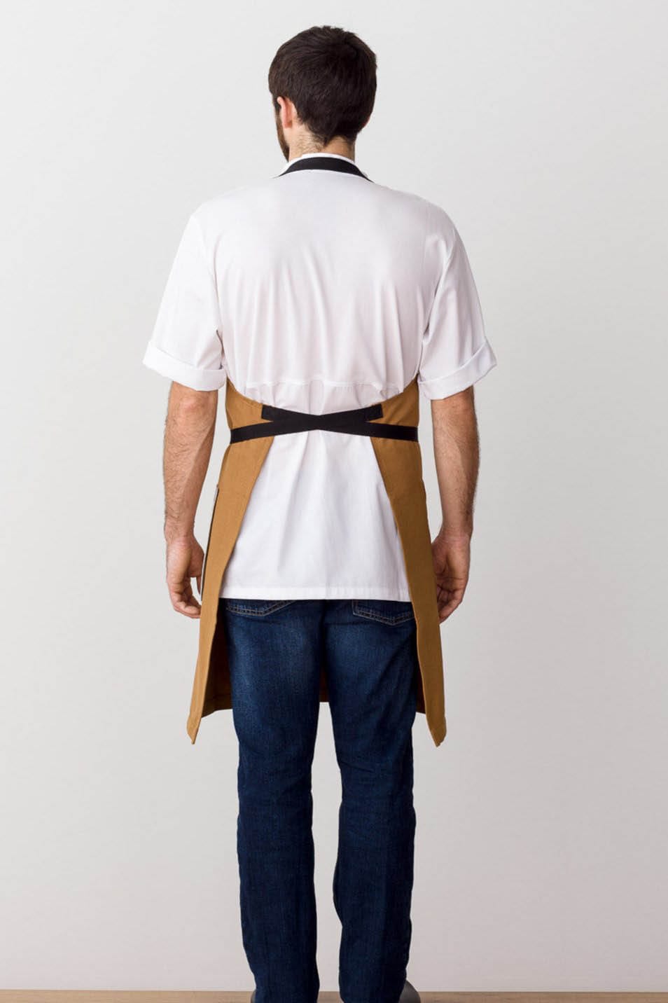 Classic Bib Apron, Cotton, Ochre Brown, Rear View, Worn by Top Chefs, Quick Ship, Bulk Pricing