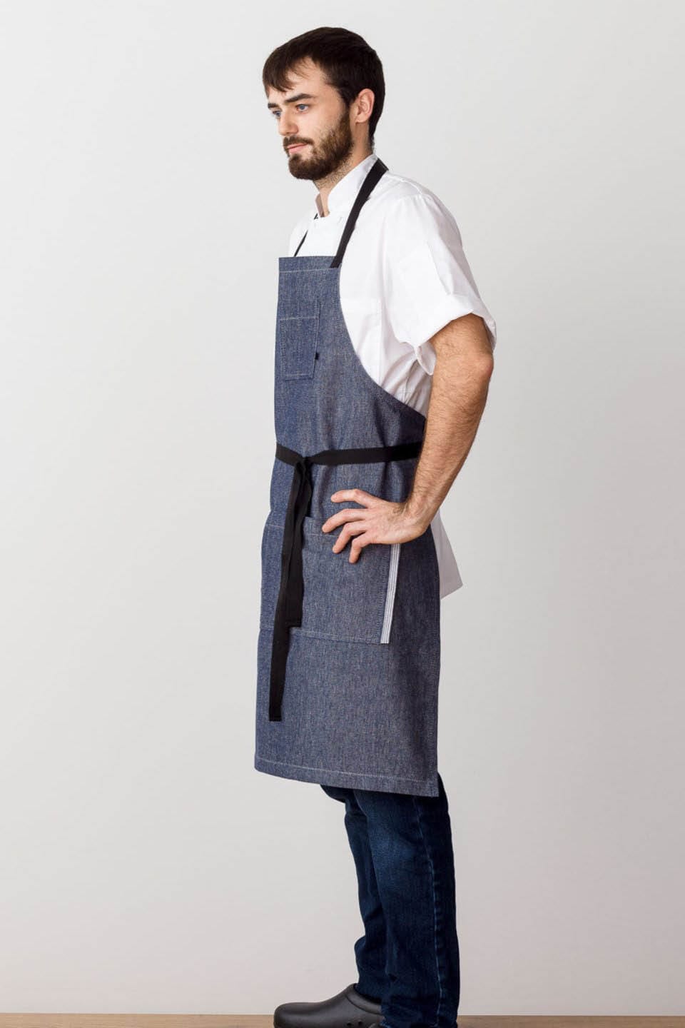 Classic Chef Apron, Cotton, Blue Jean Denim, Side View, Customer Favorite, Restaurant and Hotel Supplier