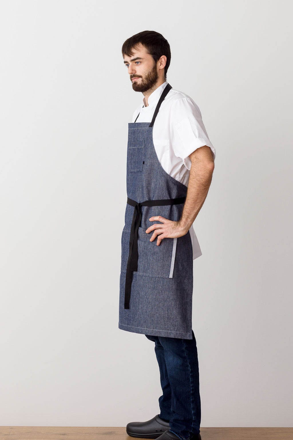 Crossback Bib Chef Apron, Cotton, Blue Denim, Side View, Industry Pricing, Wholesale, Durable