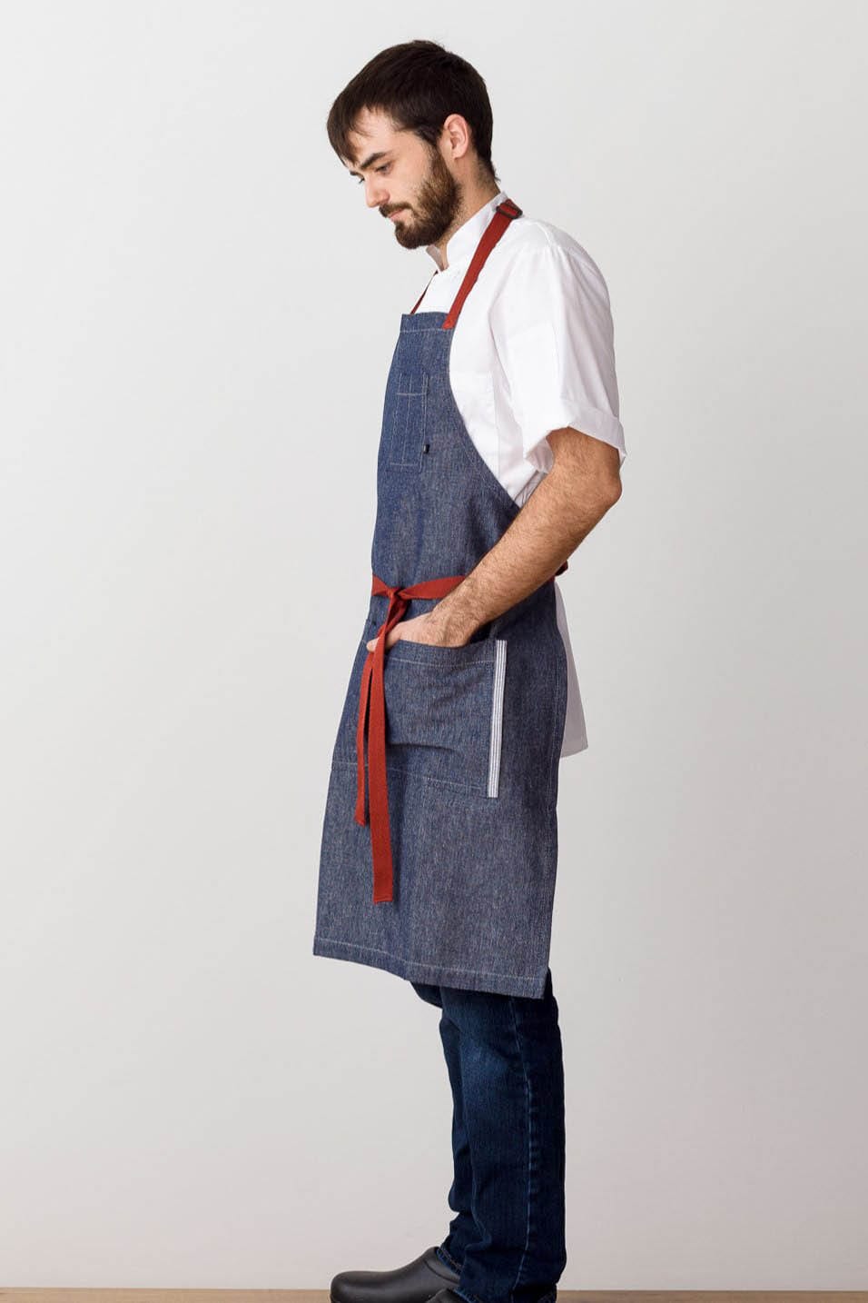 Classic Chef Apron, Cotton, Blue Denim, Red Straps, Side View, Pro, 5-Star Reviews, Restaurant Favorites