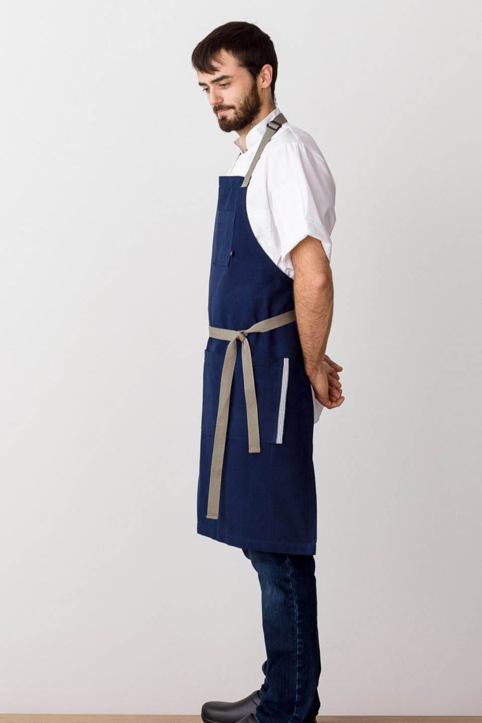 Classic Bib Apron, Cotton Canvas, Navy Blue, Side View, Volume Discounts, Best Reviews, Roomy Pockets