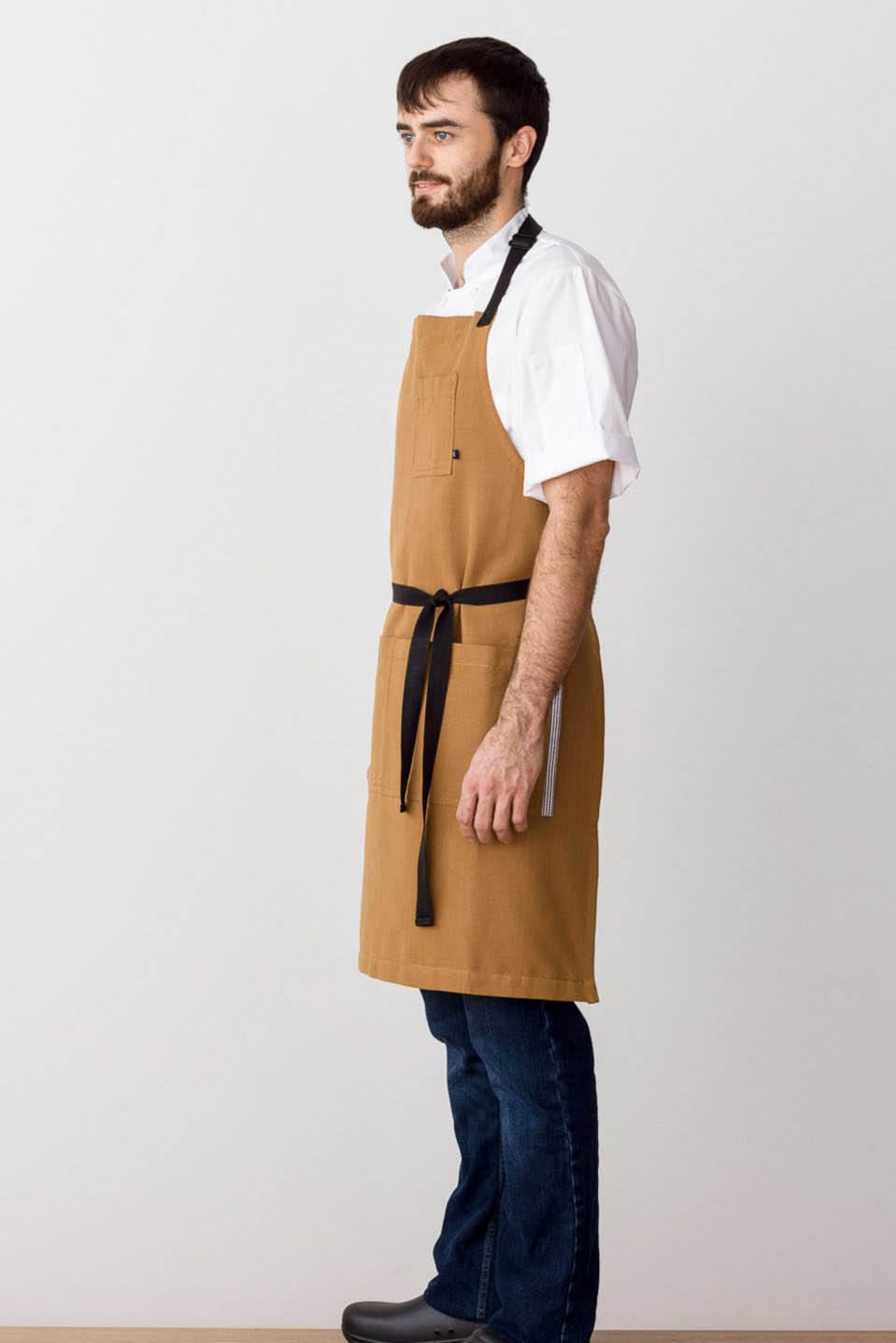 Classic Bib Apron, Cotton, Ochre Brown, Side View, Worn by Top Chefs, Quick Ship, Pro Quality
