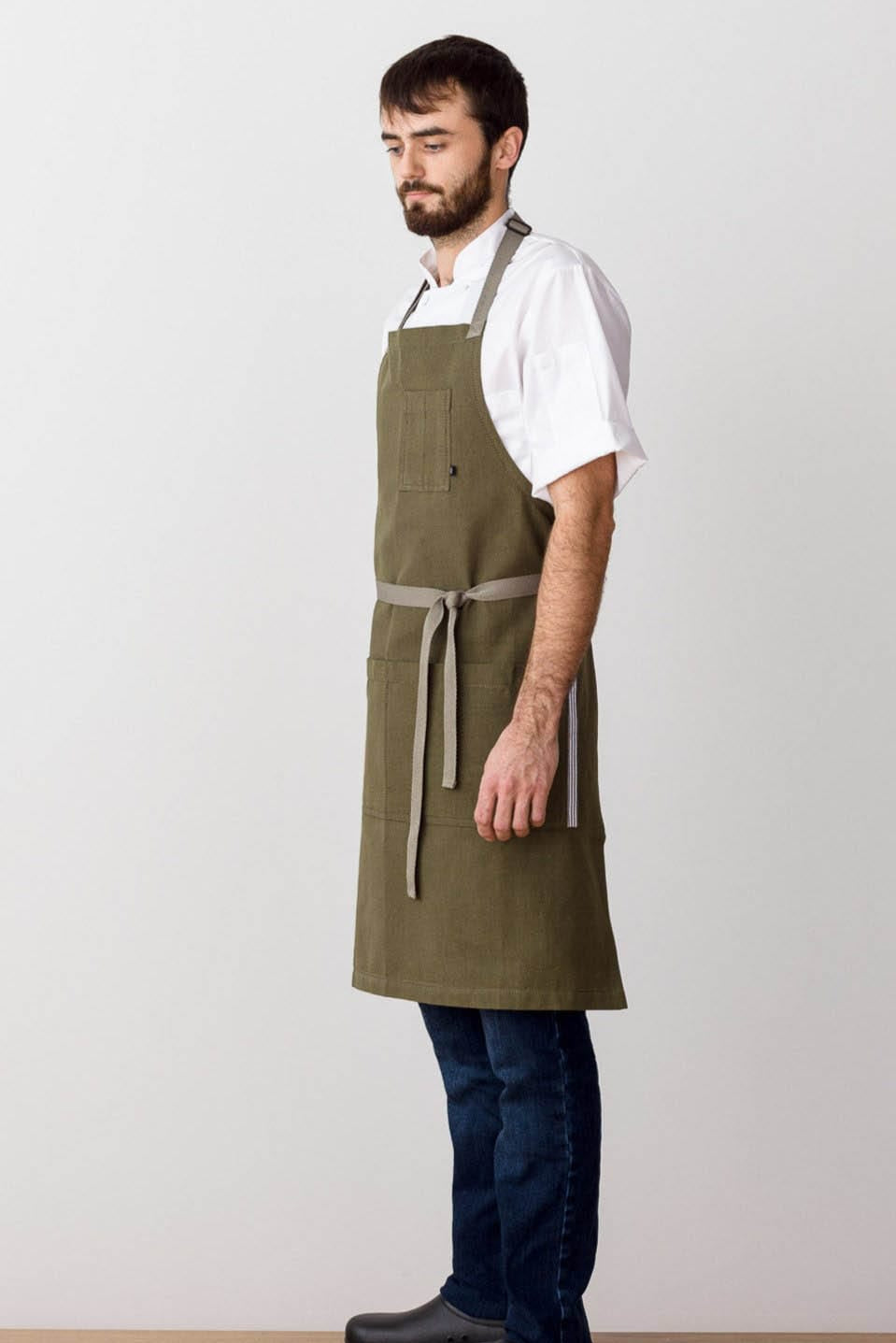 Classic Chef Apron, Cotton, Olive Green, Side View, Industry Pricing, Quick Ship, Premium Fabrics