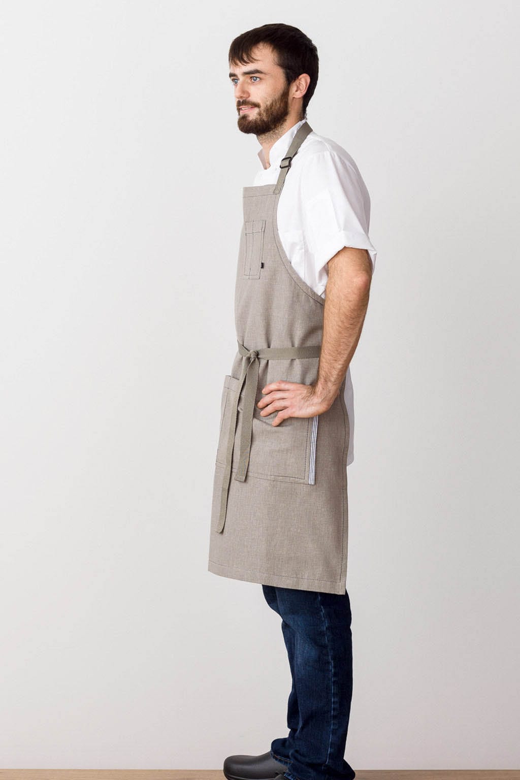 Classic Chef Apron, Cotton Canvas, Tan, Side View, Volume Discounts, Quick Ship, Affordable