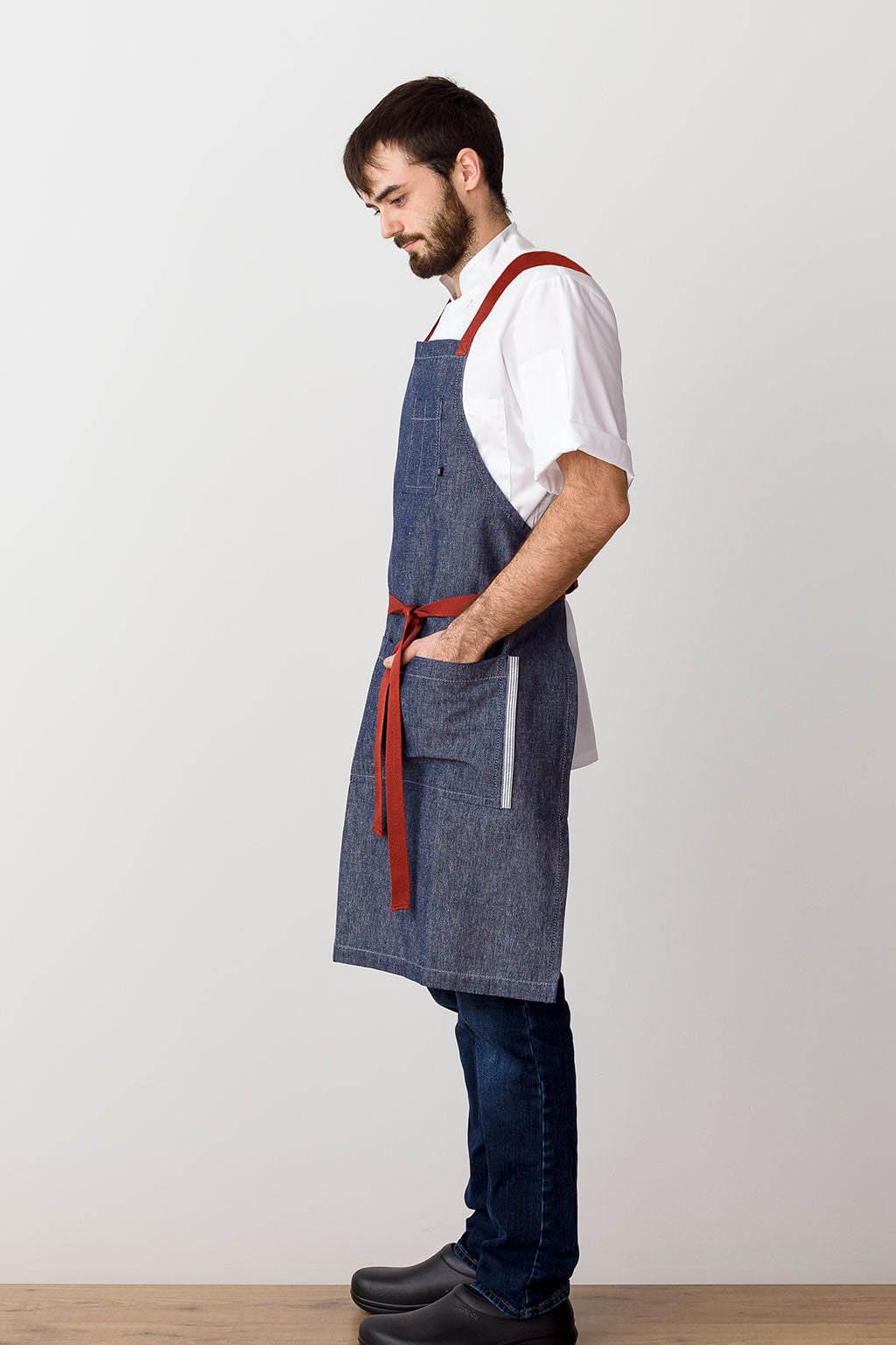 Crossback Chef Apron, Cotton, Blue Denim, Red Straps, Side View, Worn by Top Chefs, Best Reviews